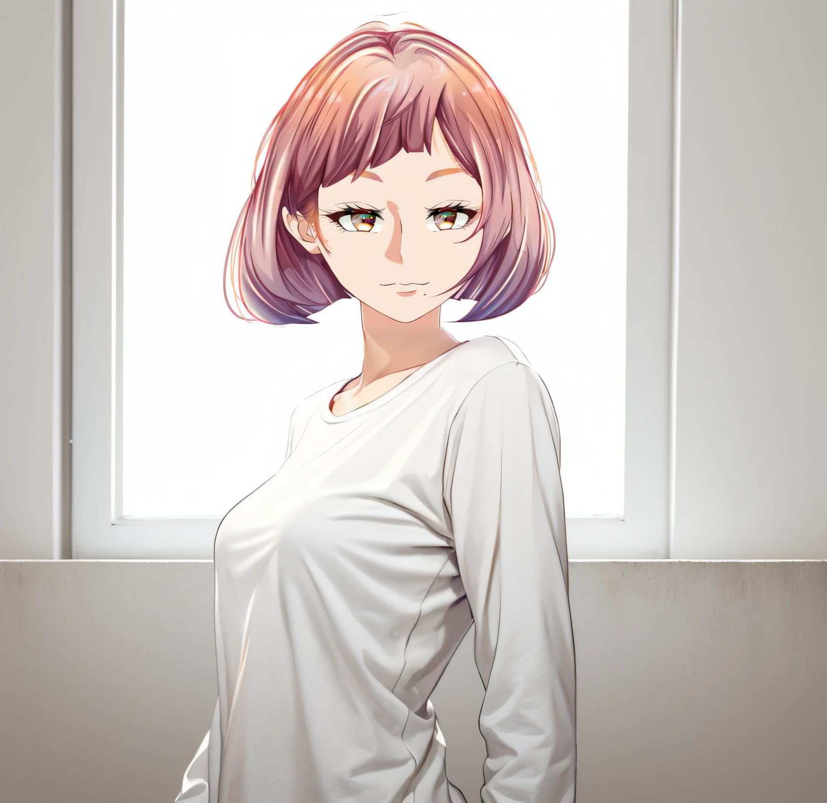 (((masterpiece))), (((best quality))), ((ultra-detailed)), (highly detailed CG illustration), ((an extremely delicate and beautiful)),((Soft off-white t-shirt:1.5)), ((plain t-shirt:1.5)),((long sleeves:1.5)),(Casual T-shirt),((From side:1.5)), (The side of one arm is visible),(very loose T-shirt:1.2), (plain t-shirt), upper body,portrait of an anime girl, t-shirt,1girl, (t-shirt without patterns:1.5), ((t-shirt without logo:1.6)), solo,(bronze eyes:1.5), (short hair),(Rose and light orange, purple hair), looking at viewer,smiling,bad-girl,mature female, anime girl with short hair, ((medium breasts:1.3)), cute natural anime face, detailed anime soft face, cute anime face, flat anime style shading, face anime portrait, made with anime painter studio, semirealistic anime style, perfect anime face, extremely cute anime girl face, high detailed face anime, pretty anime face, semi realistic anime, detailed anime face