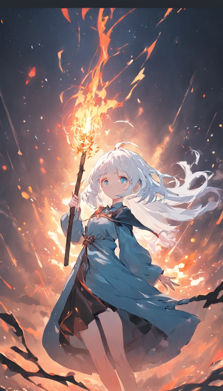 1 girl,white hair,witch,the style of dark soul,best quality,(light blue dress:1.5),a small yew-wood staff with fire magic