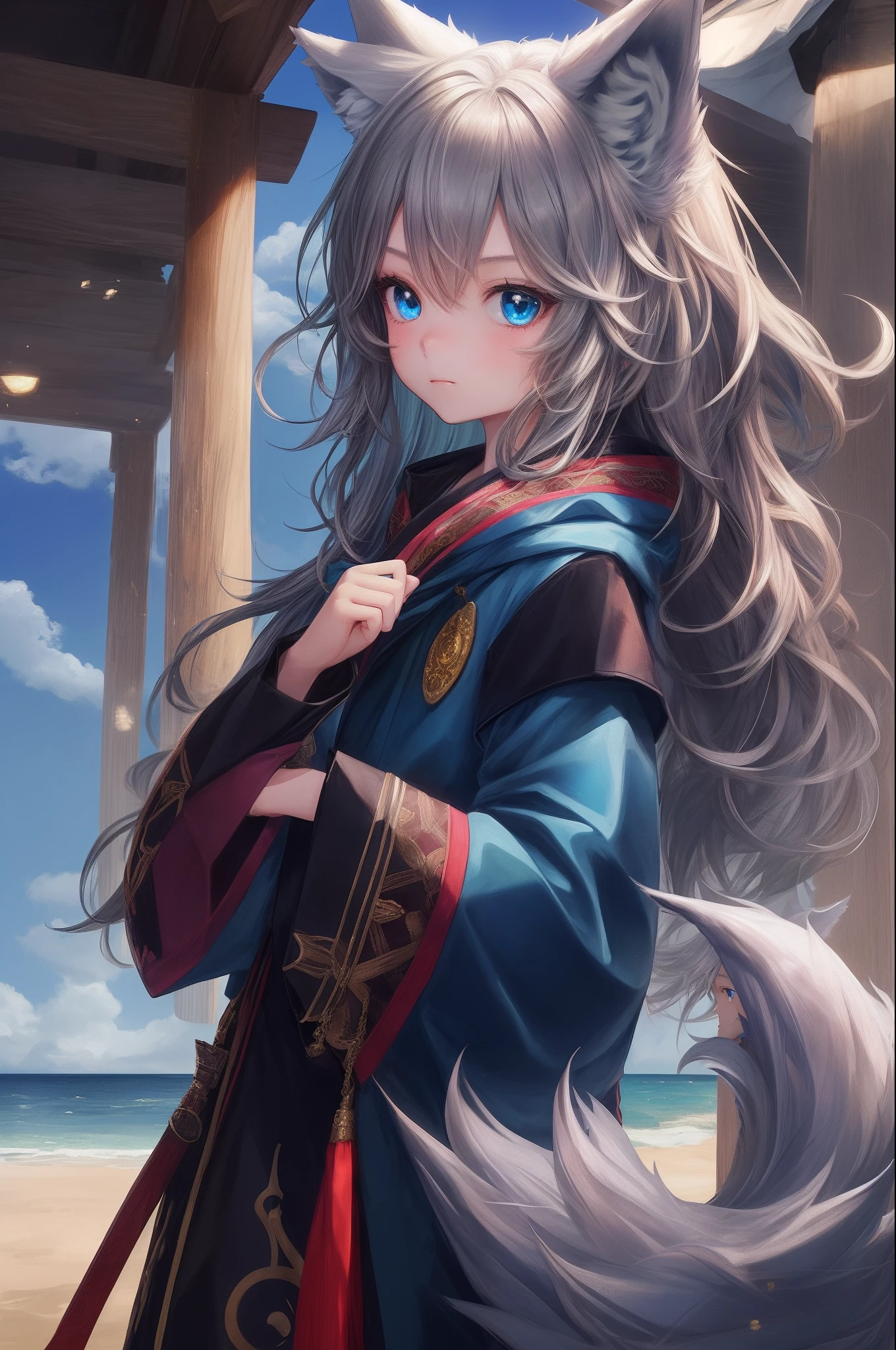 (1 girl), (shota), (HD quality, masterpiece level), cute teen characters, dark gray hair, blue eyes, (wolf ears), (wolf tail), one tail, (no ears), (little boy), (ear covered), (hair covered ears), face camera, tachi-e,