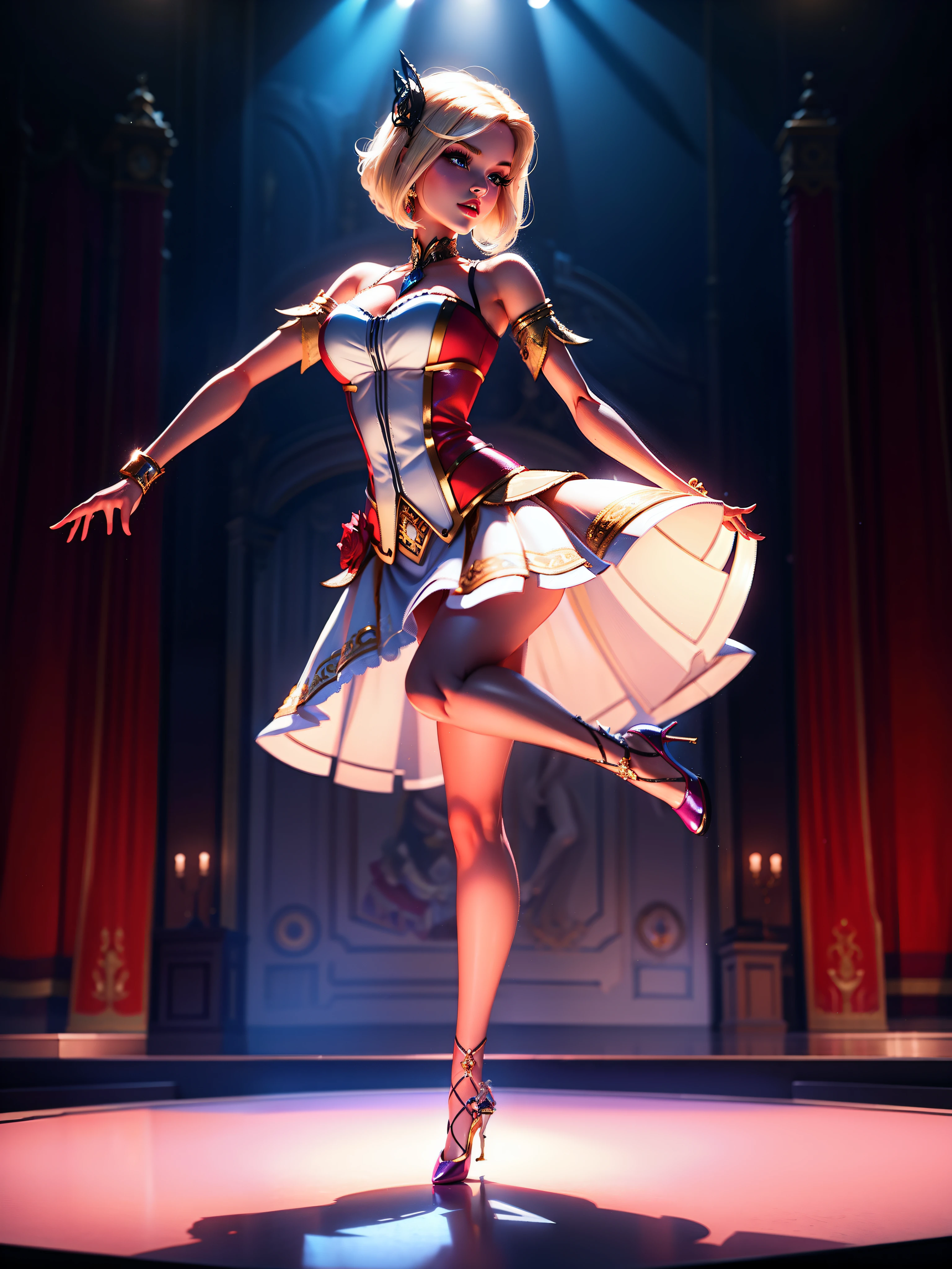 A Barbie doll with short hair stands on one leg on a smooth stage,The other leg is slightly raised,Like dancing,ellegance,dream magical,Europe,4k,2d