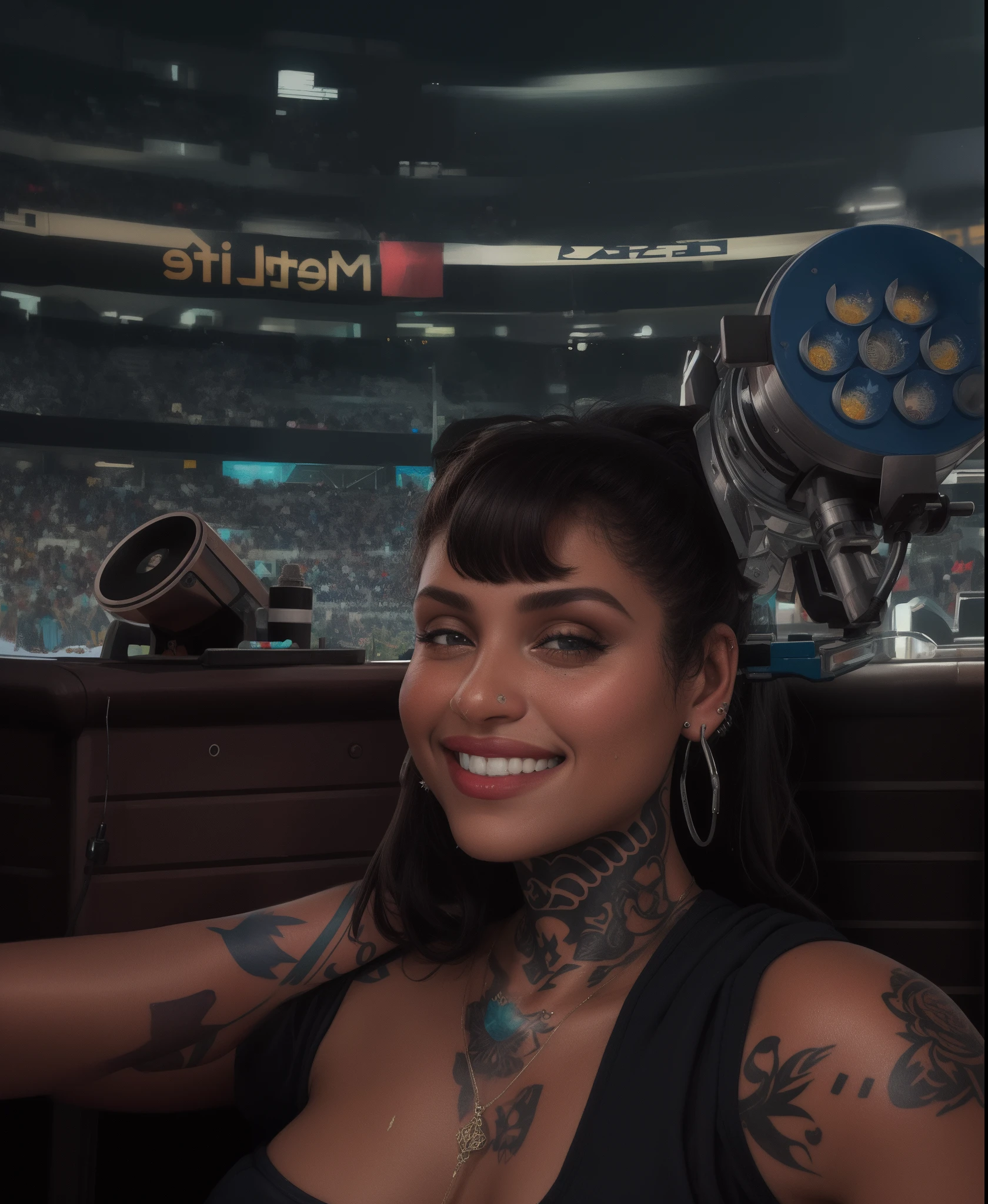 Mulher com tatuagens e piercings sentada em frente a um microfone, olhar orgulhoso, sorriso orgulhoso, foto do perfil, in the nighttime, olhar orgulhoso, orgulhoso olhando para longe, Tiro na Alexa, com tatuagens, Directed by: Winona Nelson, foto de perfil, Alexa 65, Alexa65, imagem de perfil, pele clara, Tatuado, Deus raio em seu rosto