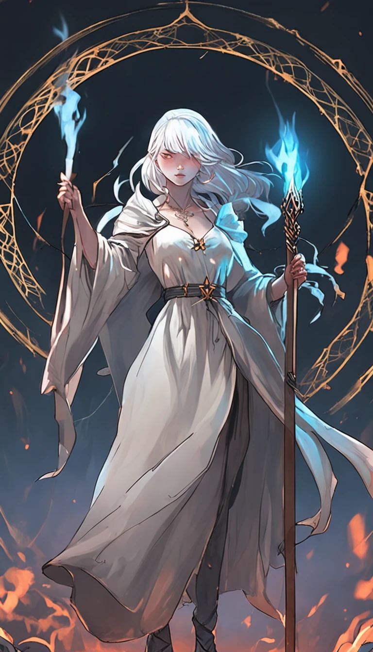 1 girl,White hair,witch,Dark Souls style,Best quality,(Light blue dress:1.5),A small yew cane with fire magic