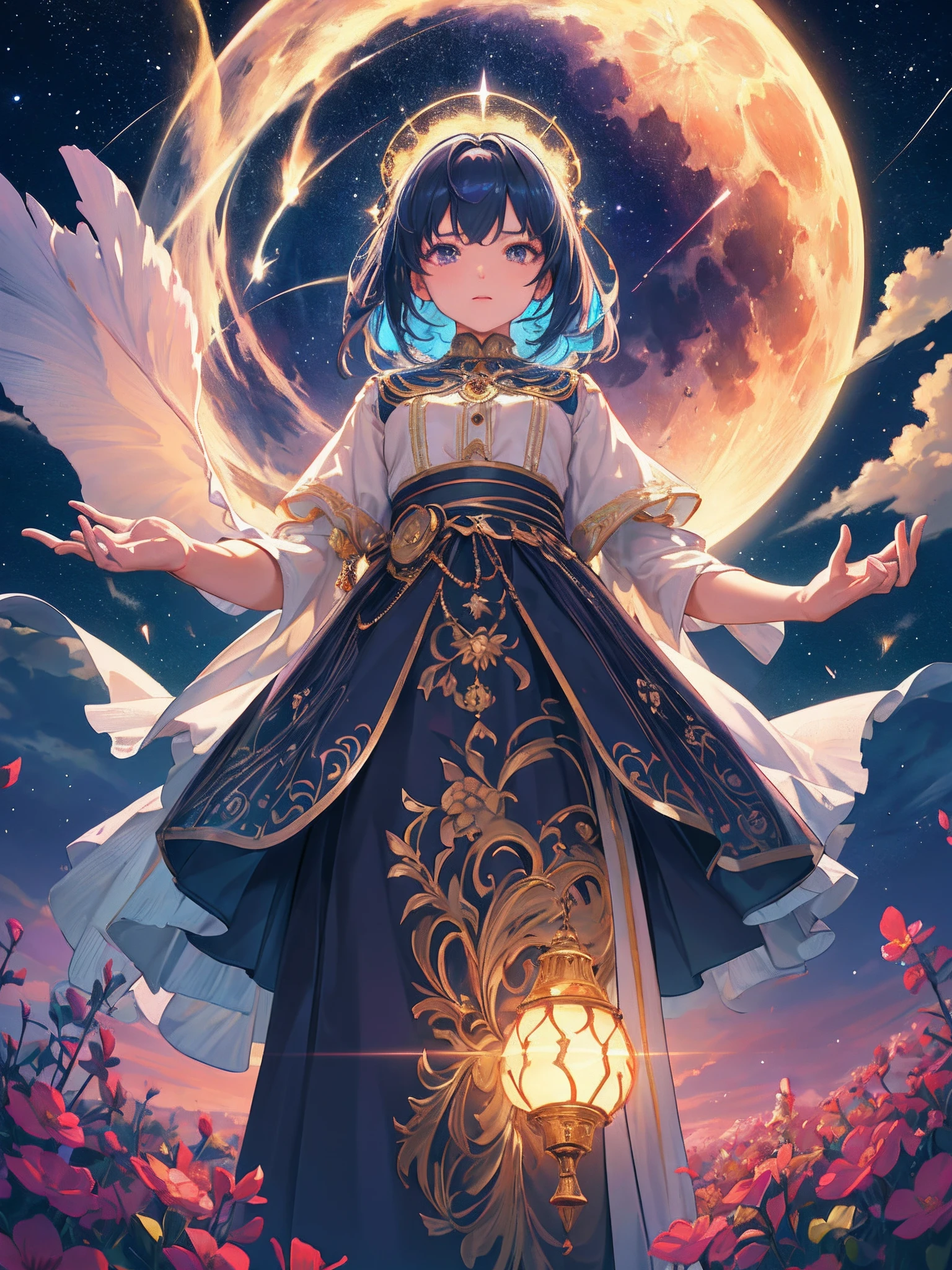 Expansive landscape photograph, (view from below with a view of the sky and wilderness below), little girl standing in a flower field looking up, (full moon: 1.2), (shooting star: 0.9), (nebula: 1.3), distant mountain, tree break production art, (warm light source: 1.2), (firefly: 1.2), lamp, purple and orange, intricate detail, volume lighting, realism break (masterpiece: 1.2) (Best Quality), 4K, Ultra-Detailed, (Dynamic Configuration: 1.4), Highly Detailed and Colorful Details, (Iridescent Colors: 1.2), (Glowing Lighting, Atmospheric Lighting), Dreamy, Magical, (Solo: 1.2)