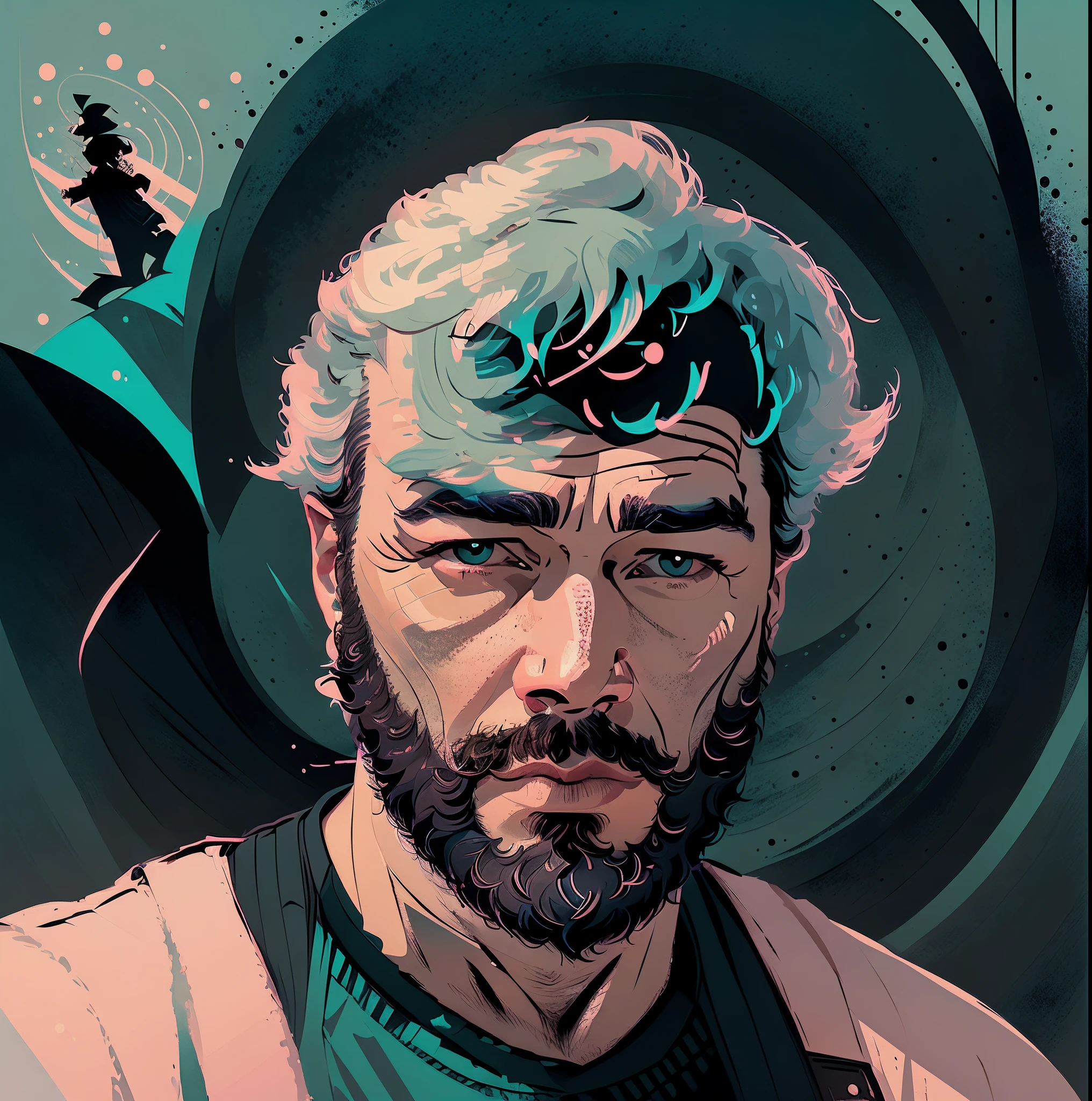 in the style of 0mib, pastelvectorai, mature man, bearded portrait, highly detailed flat vector illustration, pastel colors, 8k resolution, accurate facial features, black beard, alpha male, alfa male
