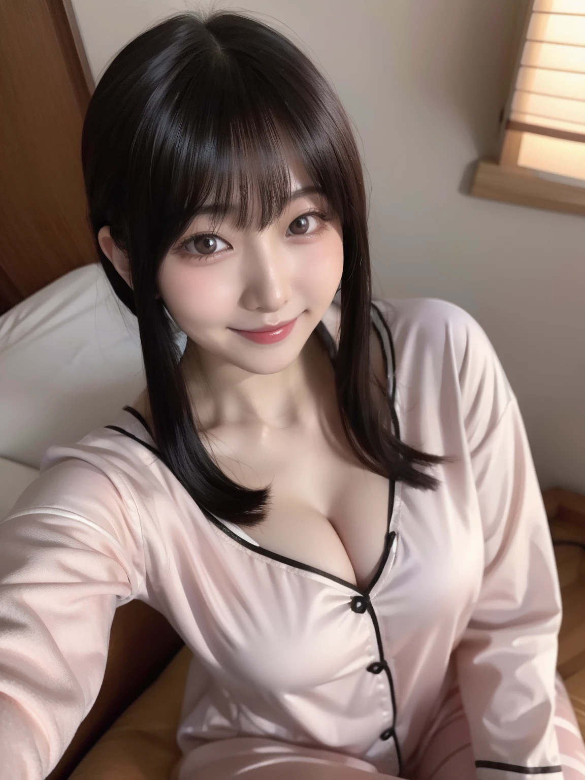 18,Japanese ido,bashfulness,smil,s Pajamas,Overhead view,Kamimei,Looking at the camera,Large breasts,