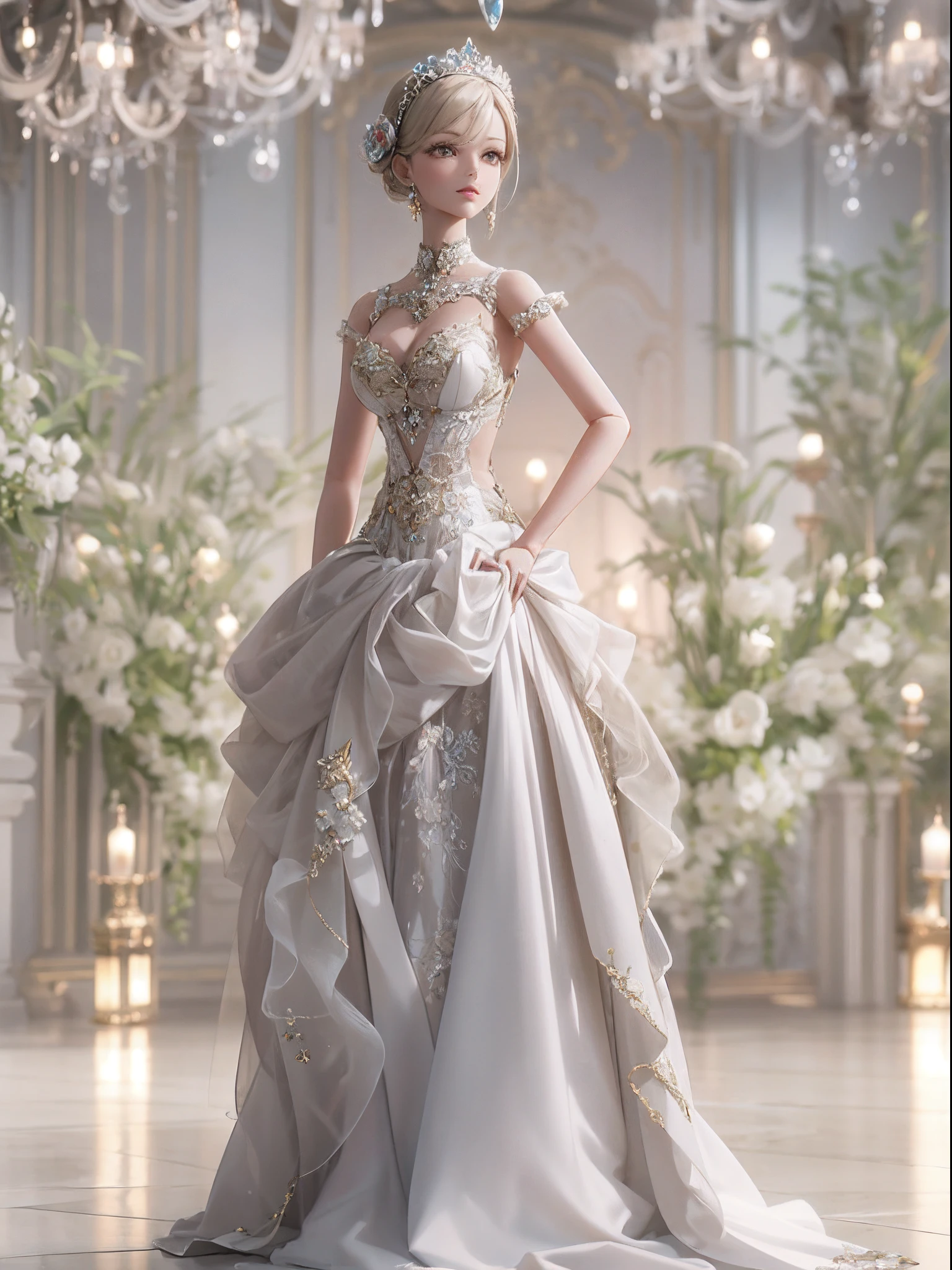 In a soft 3D rendering, a beautiful ball-jointed doll stands gracefully. She is dressed in a luxurious gown, the fabric flowing elegantly around her. The doll's delicate features are expertly crafted, and she exudes an air of sophistication and refinement. It's a stunning image, full of beauty and detail.