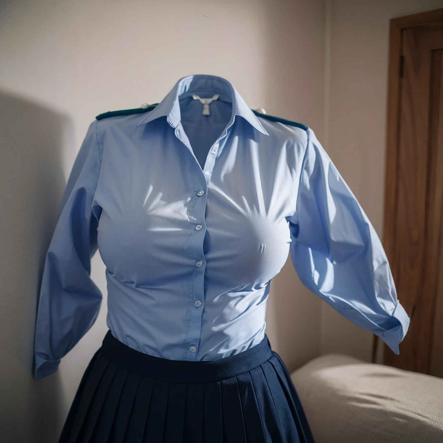 Invisible girl, world without humans, headless, uniforms, (realistic: 0), headless, empty, headless, headless, invisible girl, uniforms, empty clothes, invisible body, invisible head, empty clothes, invisible girl, uniforms, invisible body, invisible head, clothes has big breasts, tights, hanger uniforms in a closet swells as if an invisible girl is wearing it, girl's busty uniforms begins to move on its own, as if worn by invisible girls, girl's busty uniforms begins to raise its sleeves on its own as if an invisible girl is wearing it,