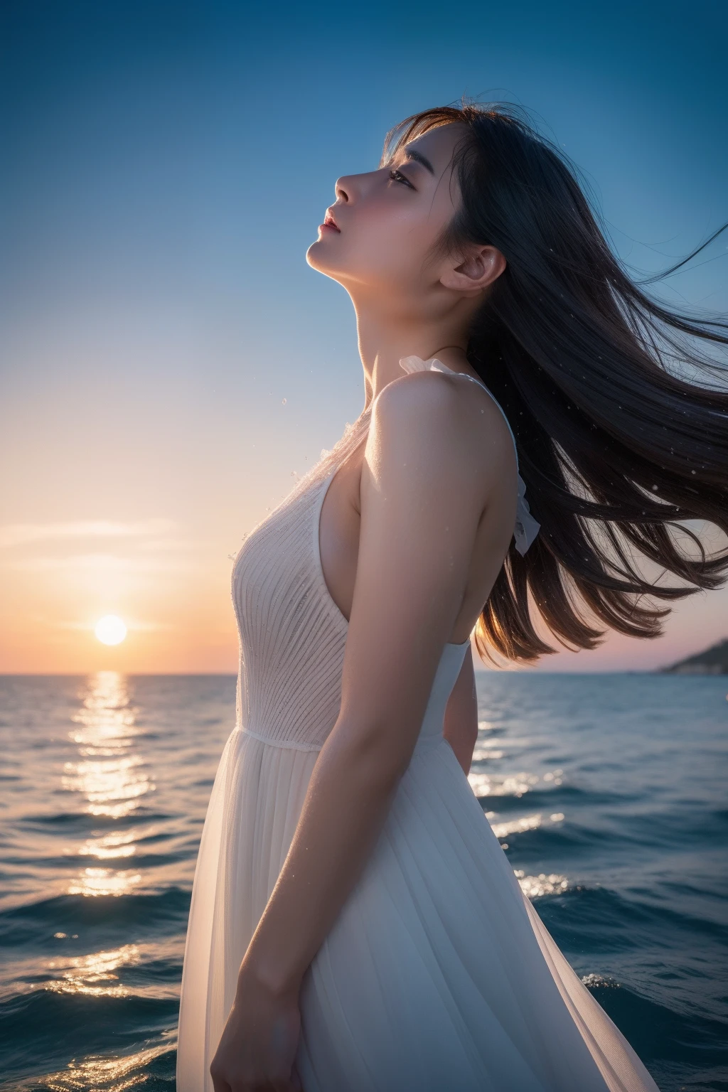 （in 8K)、top-quality、​masterpiece、超A high resolution)　Under the sea、Half of the body is used、White Dress、A Japanese Lady、Wet、Looking Up、Sunset、artistic、Hakagena