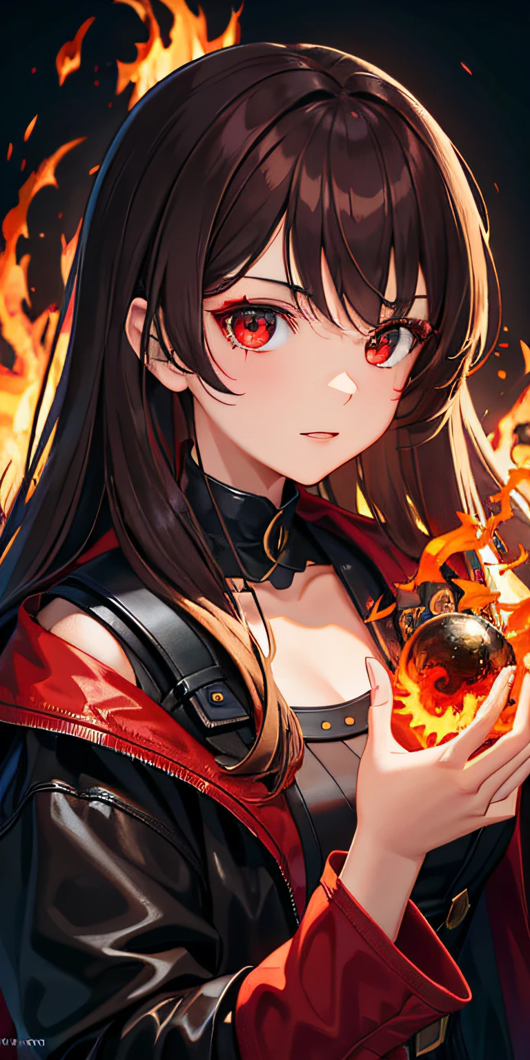 1girl,brunette color hair,red - eyed,Fire Witch,Blood,light particules,