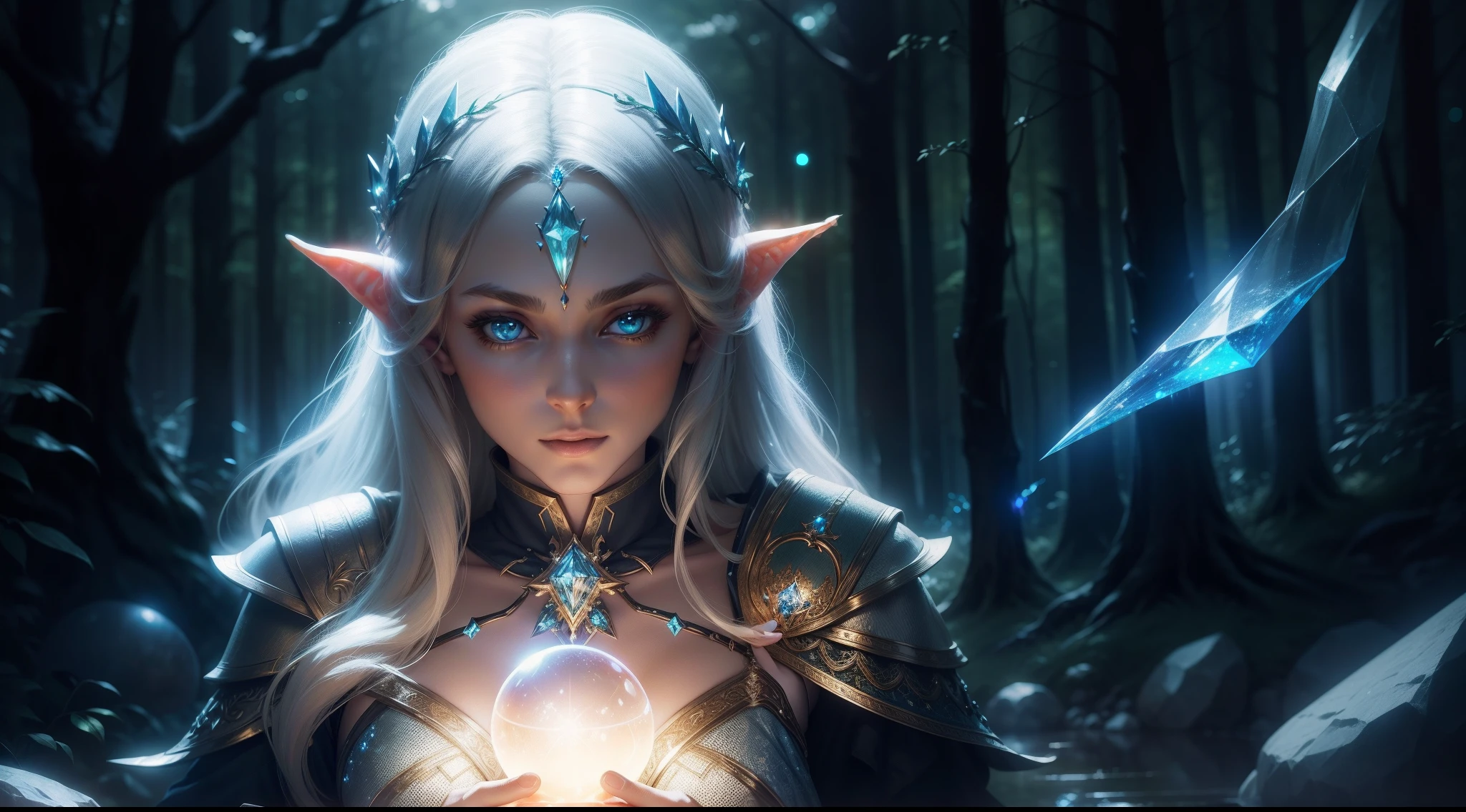 1 beautiful female high elf is holding and looking at a luminous crystal orb, elfic forest in the background, depth of field, glowing lights, fantasy theme, night, dynamic composition, ultra definition, ultra resolution, intricate details, volumetric light, soft lighting
