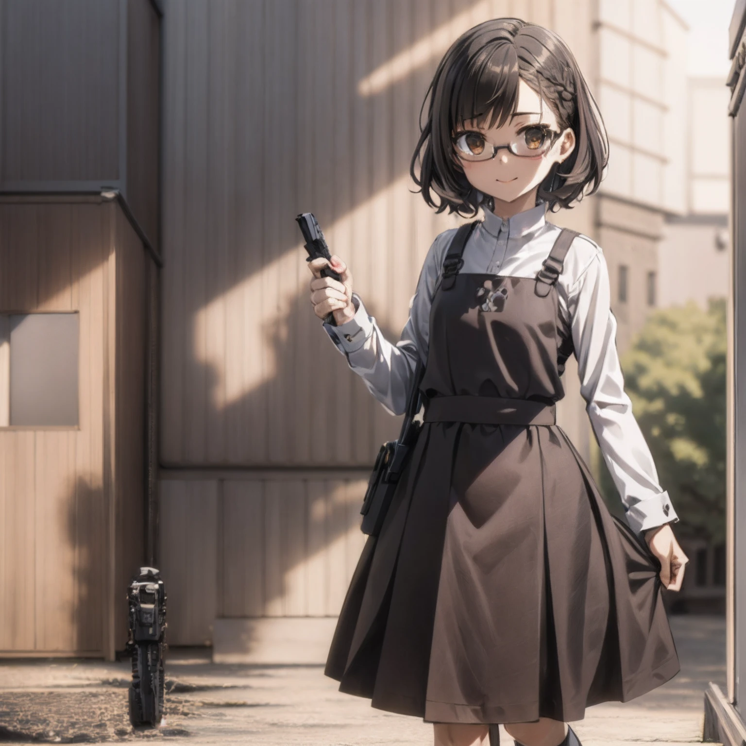 (masutepiece, Best Quality, Capture super cute moments, depth of fields, ultra-detailliert, Ultra High Resolution, C4D, Octadale, 3D Modeling, 8K, 16 K, one girls、a junior high school student、A dark-haired、short-hair、straight haired、Light brown eyes,hair adornments、wearing black glasses、Cute face), assault rifle, Hold your rifle