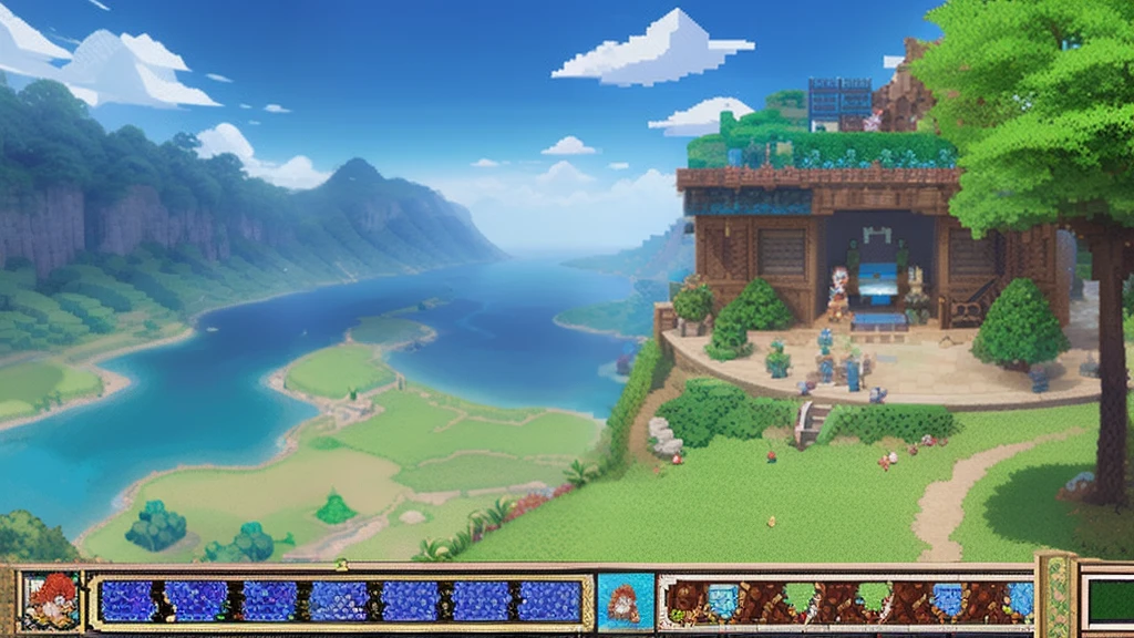 鸟山明风格，Flat pixel games《dragon quest》，Game scene design，（a paradise：1.4），16-bit pixels