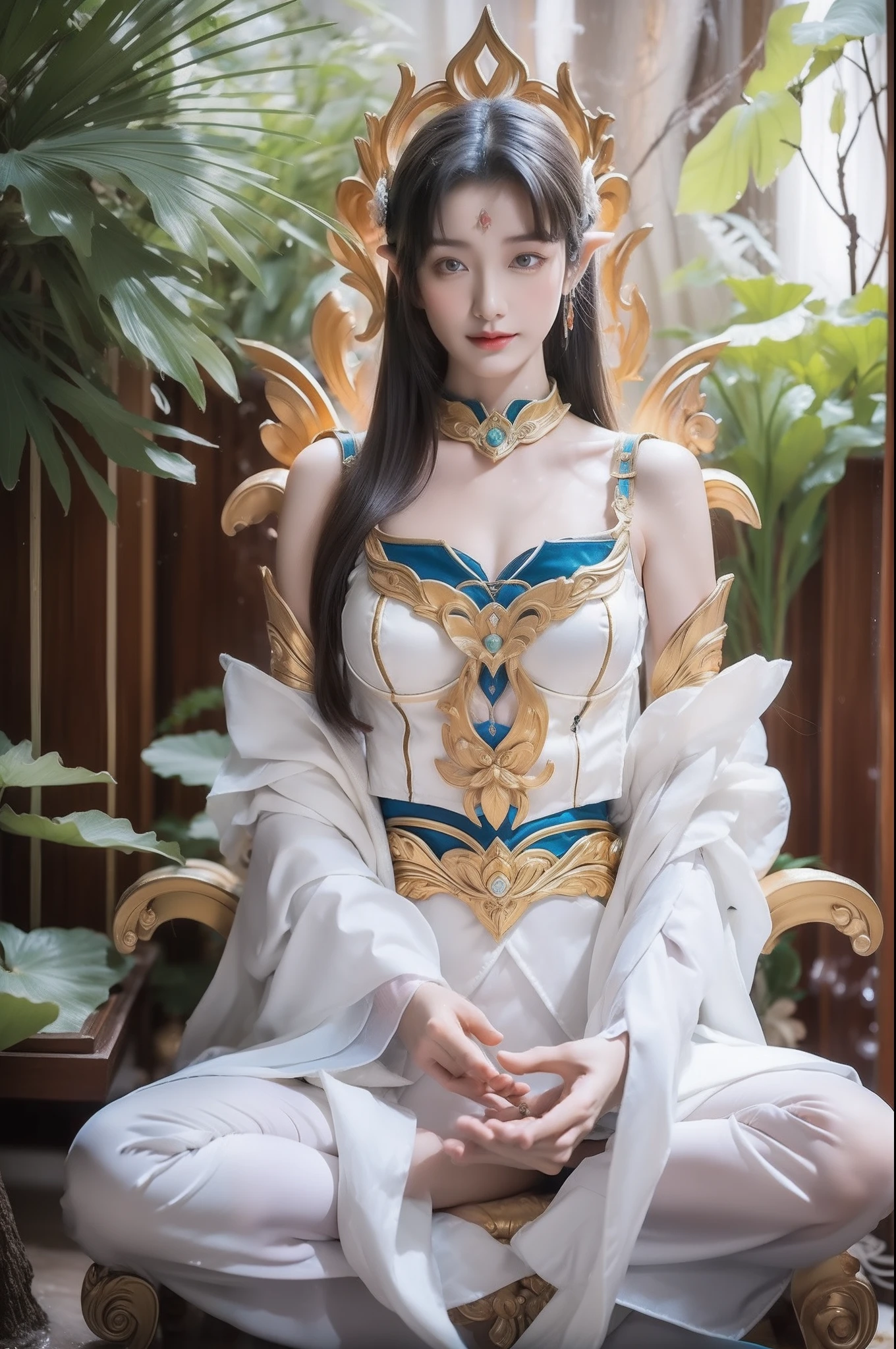 Sexy Zen Avalokiteshvara sitting cross-legged on a lotus throne meditates,(Yoga lotus sitting),(complete,Delicate and good-looking face),(Get wet all over your body)