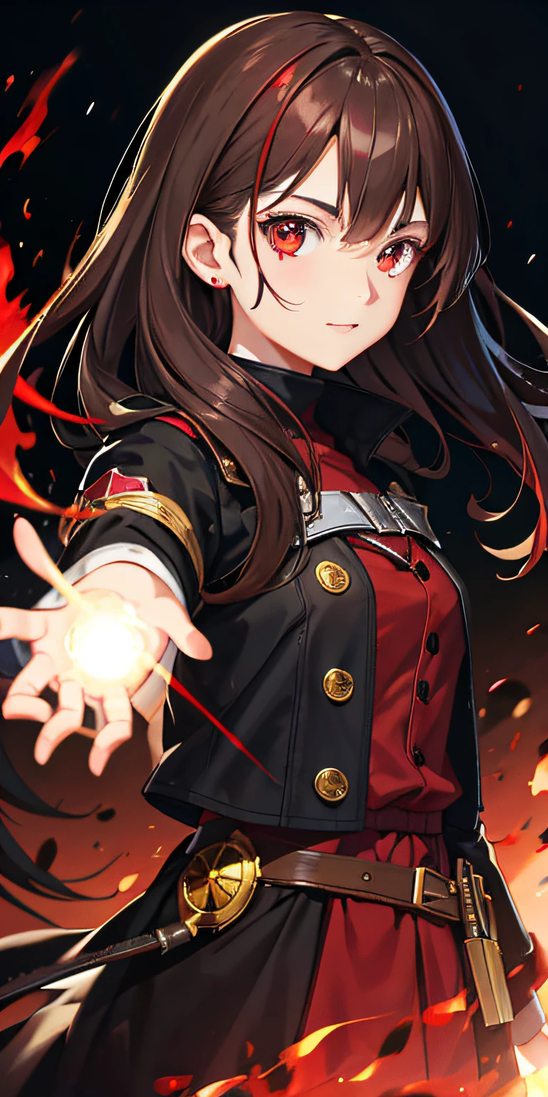 1girl,brunette color hair,red - eyed,Fire Witch,Blood,light particules,