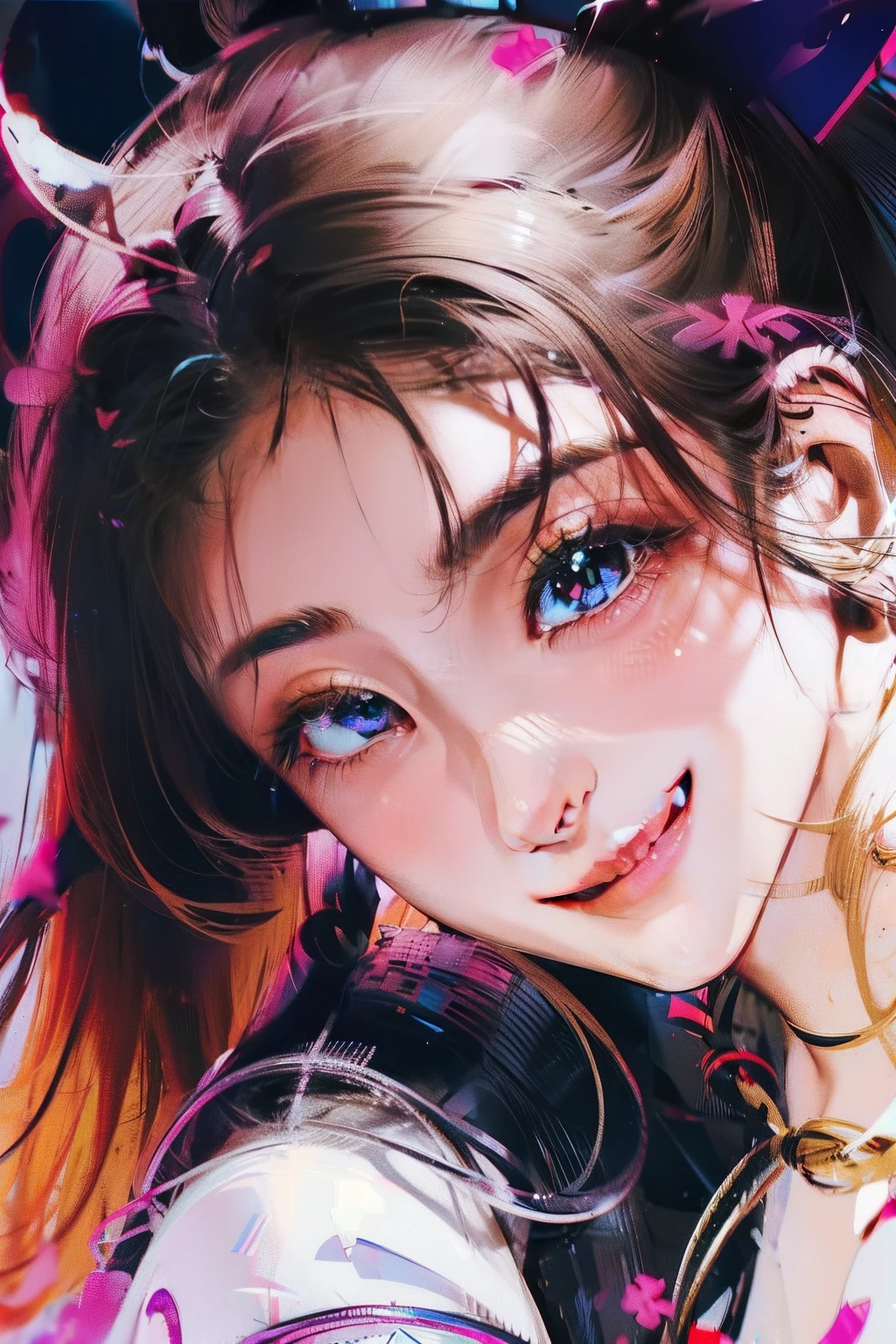 Black hair, hair bobbles, wince, long eyelasher, solid circle eyes, Fake animal ears, Light smile, Ear blush, Fang, Blonde hair, hair flower, long eyelasher, Colored Contact Lenses, Smile, surrealism, shadowing, anaglyph, stereograms, tachi-e, angle of view, atmospurate...