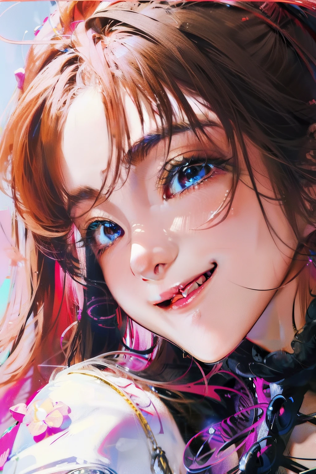 Black hair, hair bobbles, wince, long eyelasher, solid circle eyes, Fake animal ears, Light smile, Ear blush, Fang, Blonde hair, hair flower, long eyelasher, Colored Contact Lenses, Smile, surrealism, shadowing, anaglyph, stereograms, tachi-e, angle of view, atmospurate...