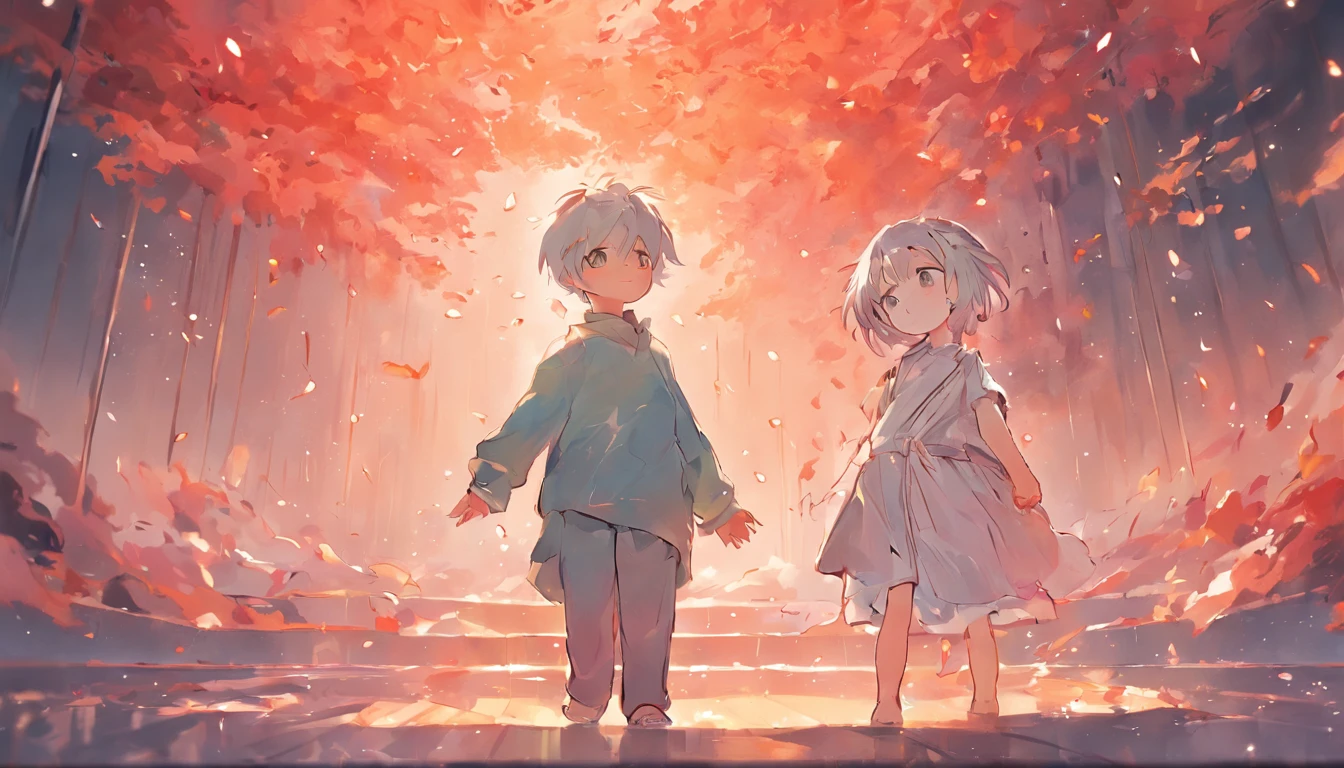 boy and gril Hold hands,Meticulous painting style,Soft and fresh colors,Gentle lighting effects,Picturesque picture quality,Warm atmosphere