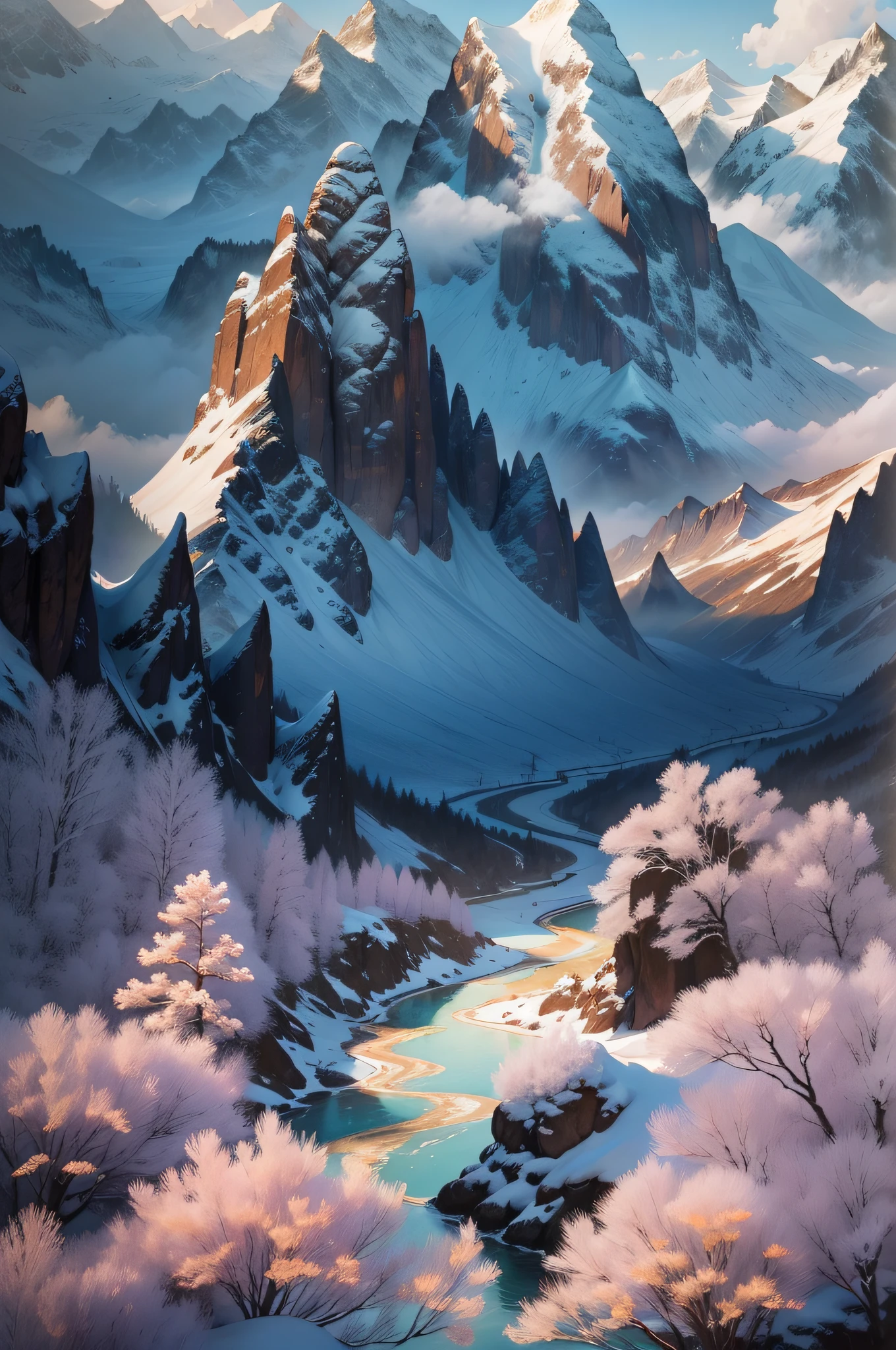 Magnificent mountains stand on the horizon,Majestic and majestic,The peaks are covered with a layer of snow,The snow is sprinkled with golden sunlight,It never seems to melt。foot of the mountain,A wide river runs through the forest,The river is clear and turbulent,Reflecting golden glow in the morning light
