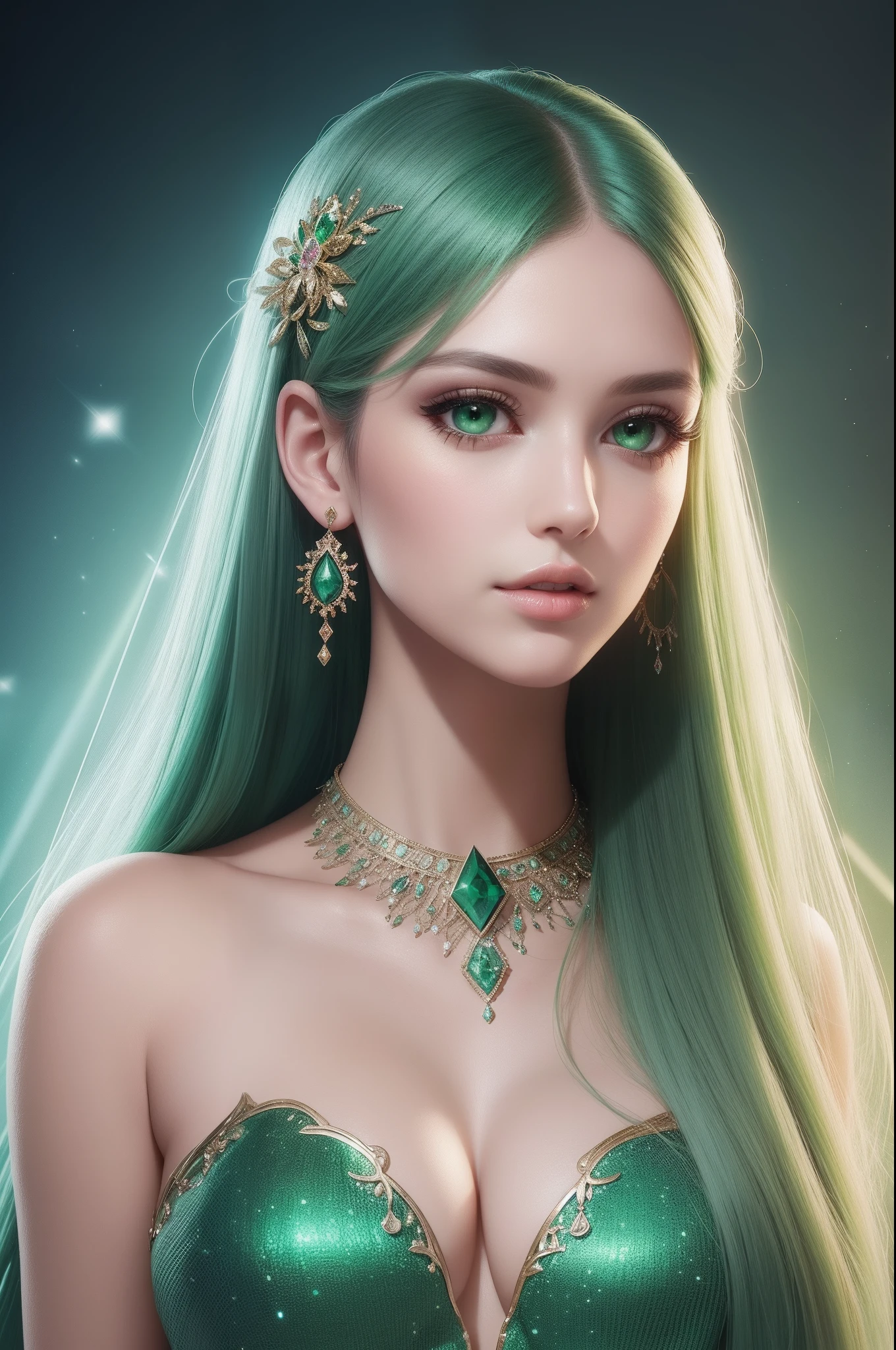 ultra detailed beautiful woman, 25 years-old woman, stunningly beautiful, green hair, green dress, green eyes, her whole head is visible with hair, green jewel necklace, earrings, green eyeshadow visible on her eyelids and eyeliner on her eyes, very long eyelashes, stuningly beautiful face, focus on face, holographic, light particles, ultra detailed illustration, hit definition, very bold and vivid colors, 32k resolution, best quality, volumetric lighting, “best quality”, “masterpiece", half of her body is visible, top of her dress is visible, ultra realistic, high-quality detail