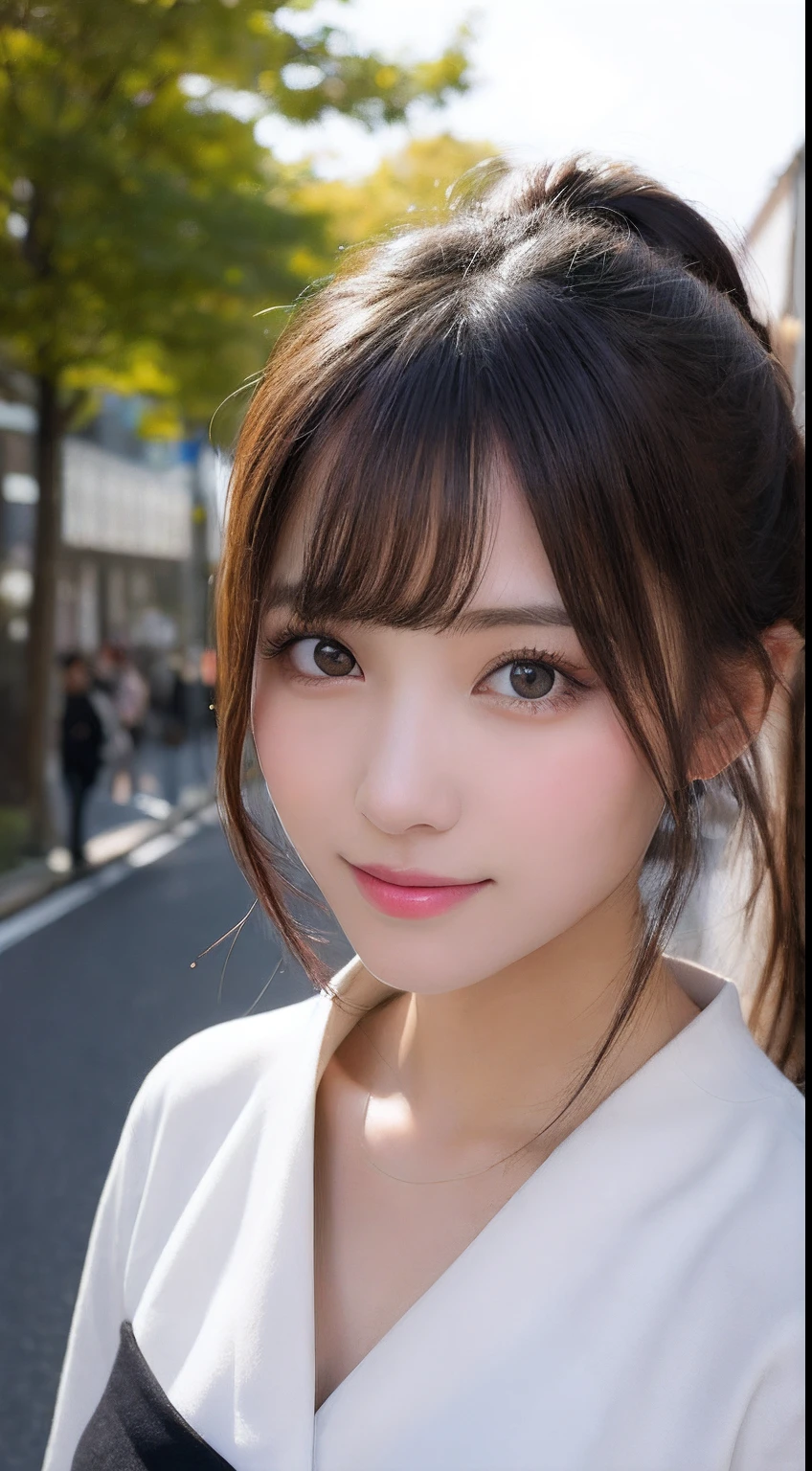 masutepiece, Best Quality, Illustration, Ultra-detailed, finely detail, hight resolution, 8K Wallpaper, Perfect dynamic composition, Beautiful detailed eyes, Women's Fashion🍂,Medium Hair,small tits、Natural Color Lip, Bold sexy poses,Smile,Harajuku、20 years girl、Cute、Sexy shot looking at camera