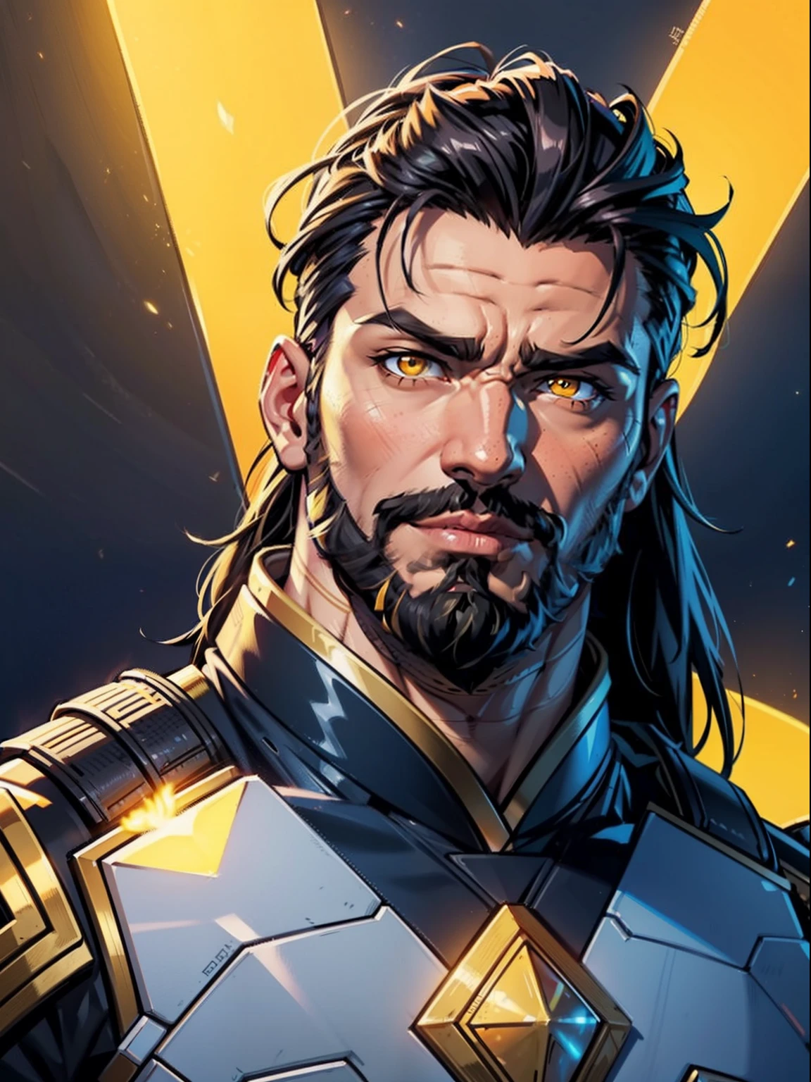 A close up of a Todd Smith as Ares with mullet hair and a short beard, glowing yellow eyes, a character portrait inspired by Li Kan, trending on Artstation, g liulian art style, avatar image, rossdraws 1. 0, myth hero, rossdraws portrait, artgrem, rossdraws 2. 0