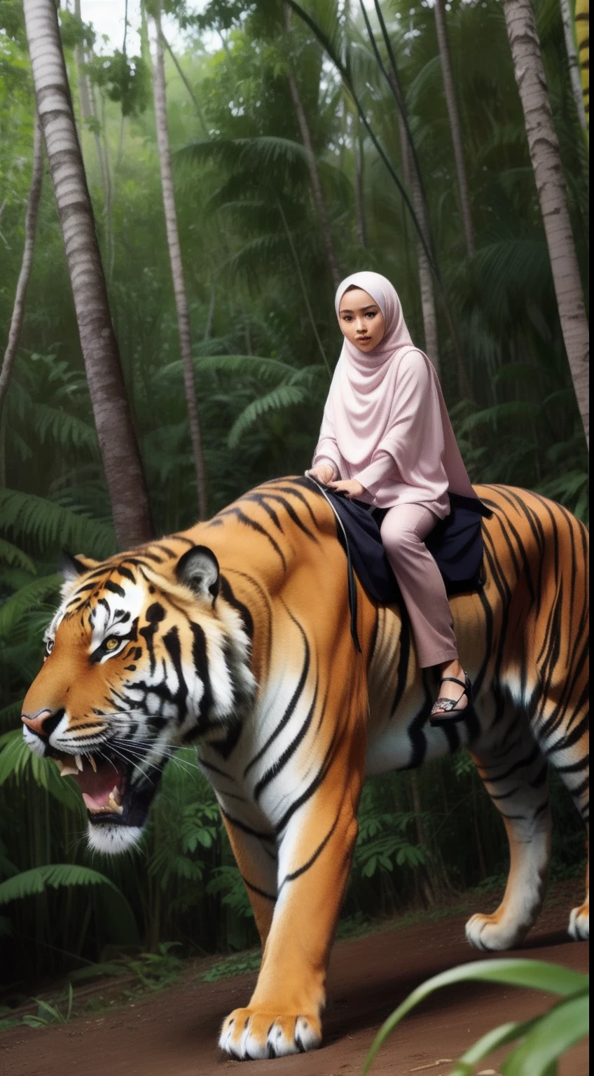 1 malay girl in hijab riding an extra large tiger in the jungle, very big tiger, front view, detail face,