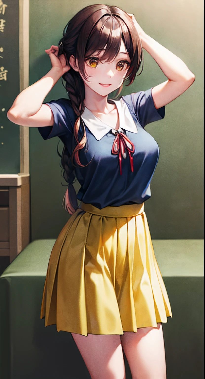 ​masterpiece, top-quality, Hi-Res, CHI1, 1girl in, length hair, Braids, Single-sided up, 独奏, Yellow skirt, Red ribbons, Blue shirt, Yellow pleated skirt, bangss, Ribbon around the neck, Puffy Short Sleeves, Schools、 A smile,