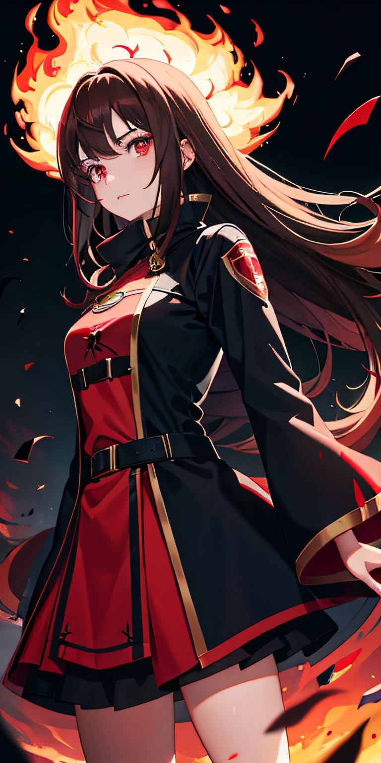 1girl,brunette color hair,red - eyed,Fire Witch,Blood,light particules,