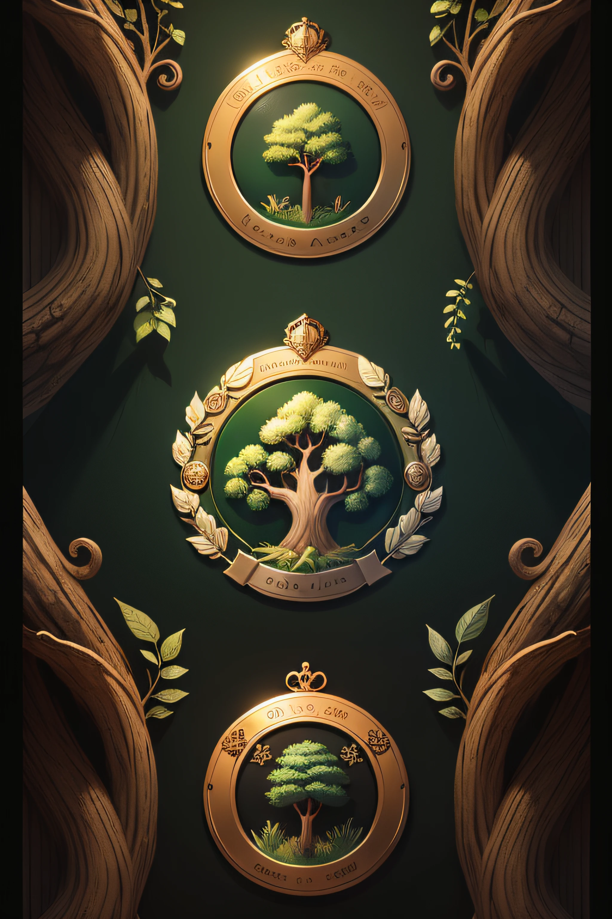 Design a round badge，The following styles are included：the trees，root，grow，Life Sciences，green and gold，Baroque style，gene，Double helix，evolve，Simple
