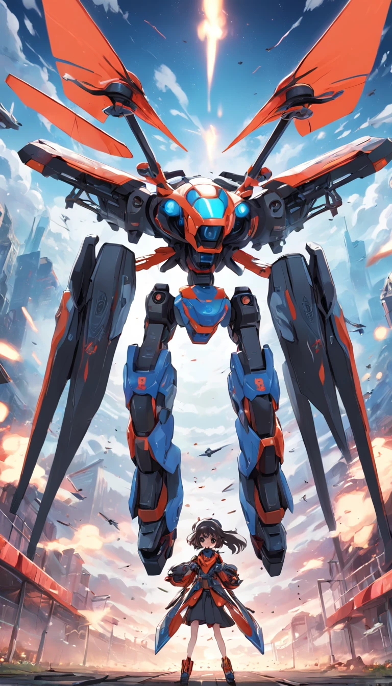 Quadcopter UAV,Has a fifty percent mecha style,illustration,Thrilling battles,high aerial shot,Flight stability,Unique perspective,Dynamic graphics,Full of technology,Amazing。