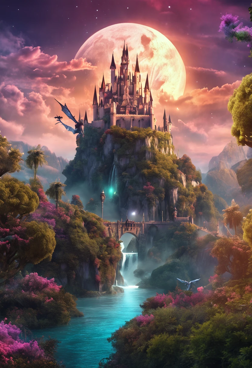 an epic and enchanting image of a fantastical world where mystical dragons soar over enchanted forests, their scales gleaming in the light of two brilliant moons. In the distance, an ancient castle stands atop a rugged mountain, surrounded by magical waterfalls. Mythical creatures roam in the verdant valleys, while flashes of magic intertwine with the tree branches. Captivate the imagination with a scene that evokes both adventure, mystery, and the fairylike beauty of this world.