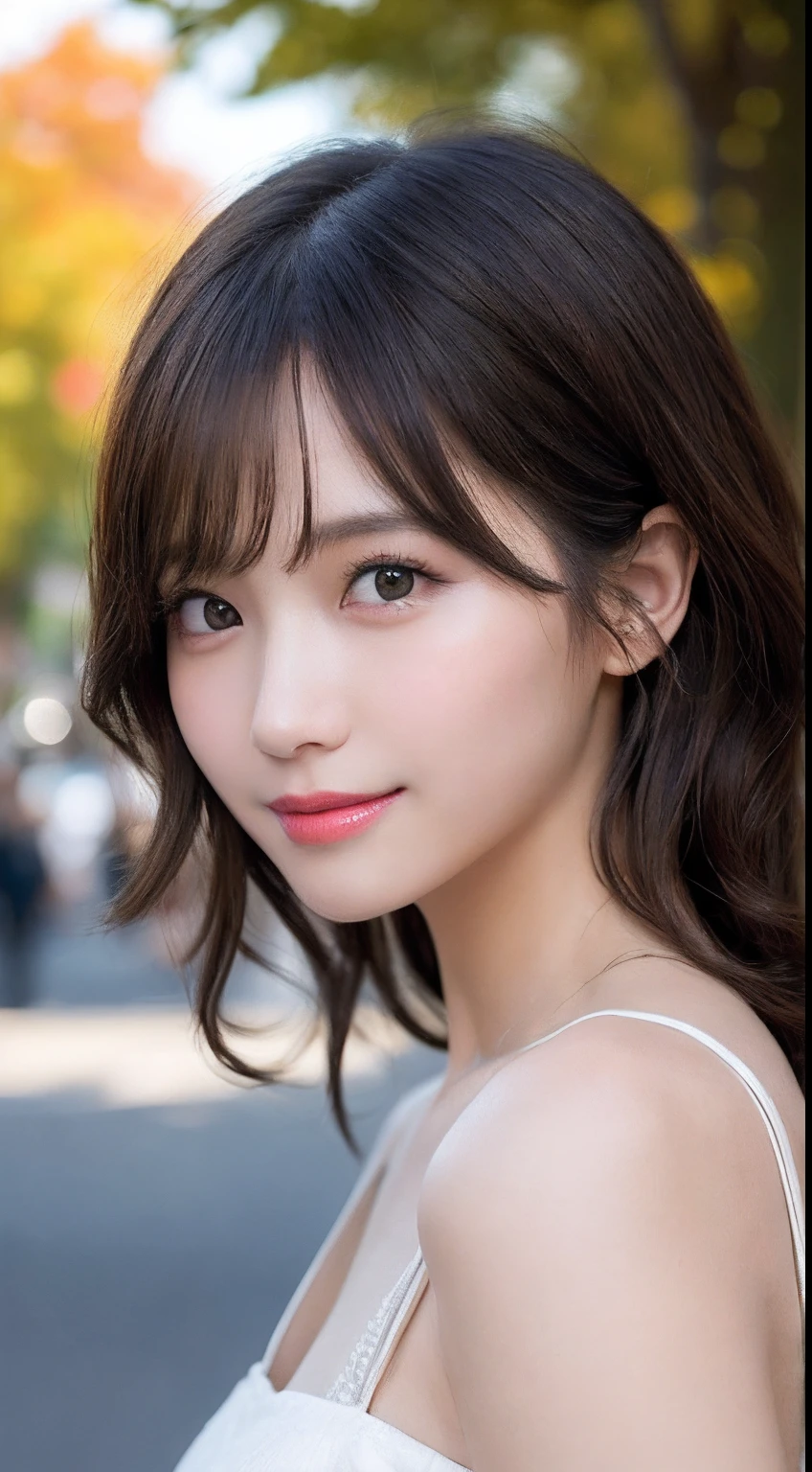 masutepiece, Best Quality, Illustration, Ultra-detailed, finely detail, hight resolution, 8K Wallpaper, Perfect dynamic composition, Beautiful detailed eyes, Women's Fashion Autumn,Medium wavy hair,small tits、Natural Color Lip, Bold sexy poses,Smile,Harajuku、20 years girl、Cute、Sexy shot looking at camera