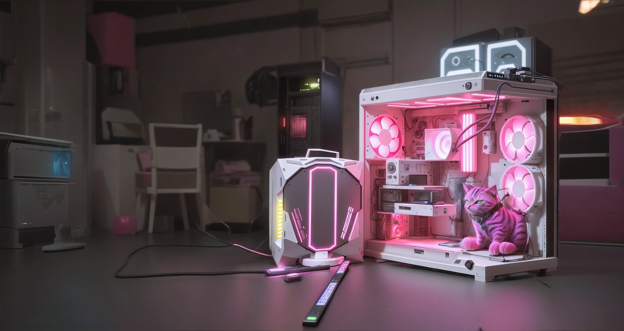 There is a pink light in the small box, gaming pc, Gaming PC case, gaming pc, computer render, pc game, 3d computer render, Customize your computer, 8k computer render, nipple play, 3 d render even lit, 3 d product render, Product rendering, sci-fi computer, glowing interior components