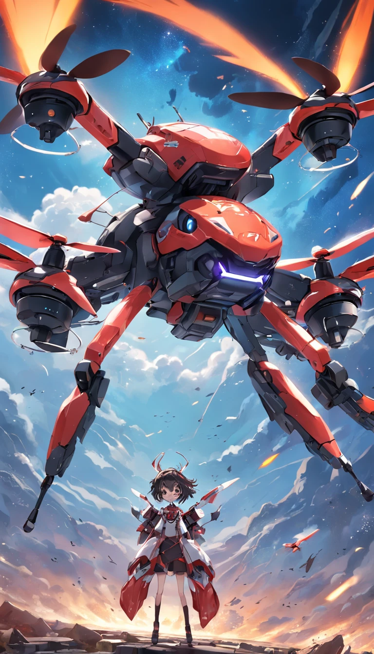 Quadcopter UAV,Has a twenty percent mecha style,illustration,Thrilling battles,high aerial shot,Flight stability,Unique perspective,Dynamic graphics,Full of technology,Amazing。