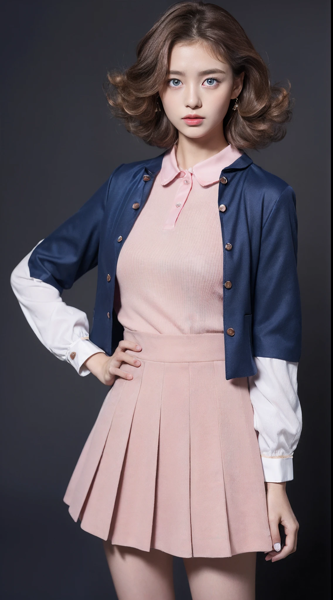 21-year-old Japan woman、Mini white skirt in the wind、40k、a picture、masterpiece、top-quality、Dark gray background、fit derrier、SFW、(1 Girl with blue eyes and light brown hair curly)、(Semi-shirt Abtara_outfit:1.3)、(Pink costume:1.3)。Model body type、small tits