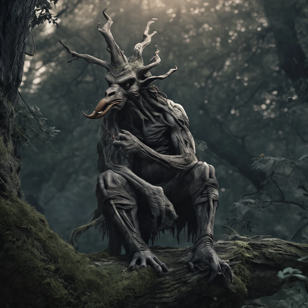 scary giant tree-dwelling creature smoking a cigarette at night, body: robust, hairy, and muscular, texture: aged bark, head: long gray hair, body color: black, eye color: green, fingers: long and hardened claws, location: leans back against an old tree while smoking cigarette and keeping in the left hand long flute, action: smoking cigarette, atmosphere: drenched in shadows, color: deep and rich dark tones, perspective: lower angle, emotions: unease, fascination, resolution: high resolution, cinematic, hyper-realistic, detailed.