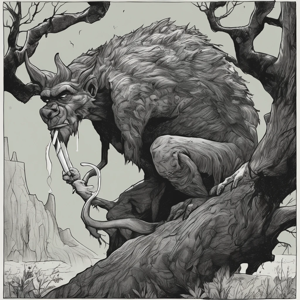 scary giant tree-dwelling creature smoking a cigarette at night, body: robust, hairy, and muscular, texture: aged bark, head: long gray hair, body color: black, eye color: green, fingers: long and hardened claws, location: leans back against an old tree while smoking cigarette and keeping in the left hand long flute, action: smoking cigarette, atmosphere: drenched in shadows, color: deep and rich dark tones, perspective: lower angle, emotions: unease, fascination, resolution: high resolution, cinematic, hyper-realistic, detailed.