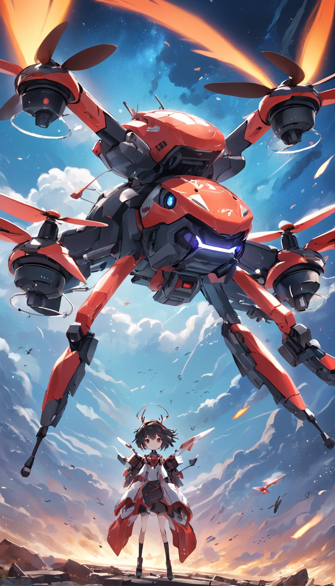 Quadcopter UAV,Has a twenty percent mecha style,illustration,Thrilling battles,high aerial shot,Flight stability,Unique perspective,Dynamic graphics,Full of technology,Amazing。