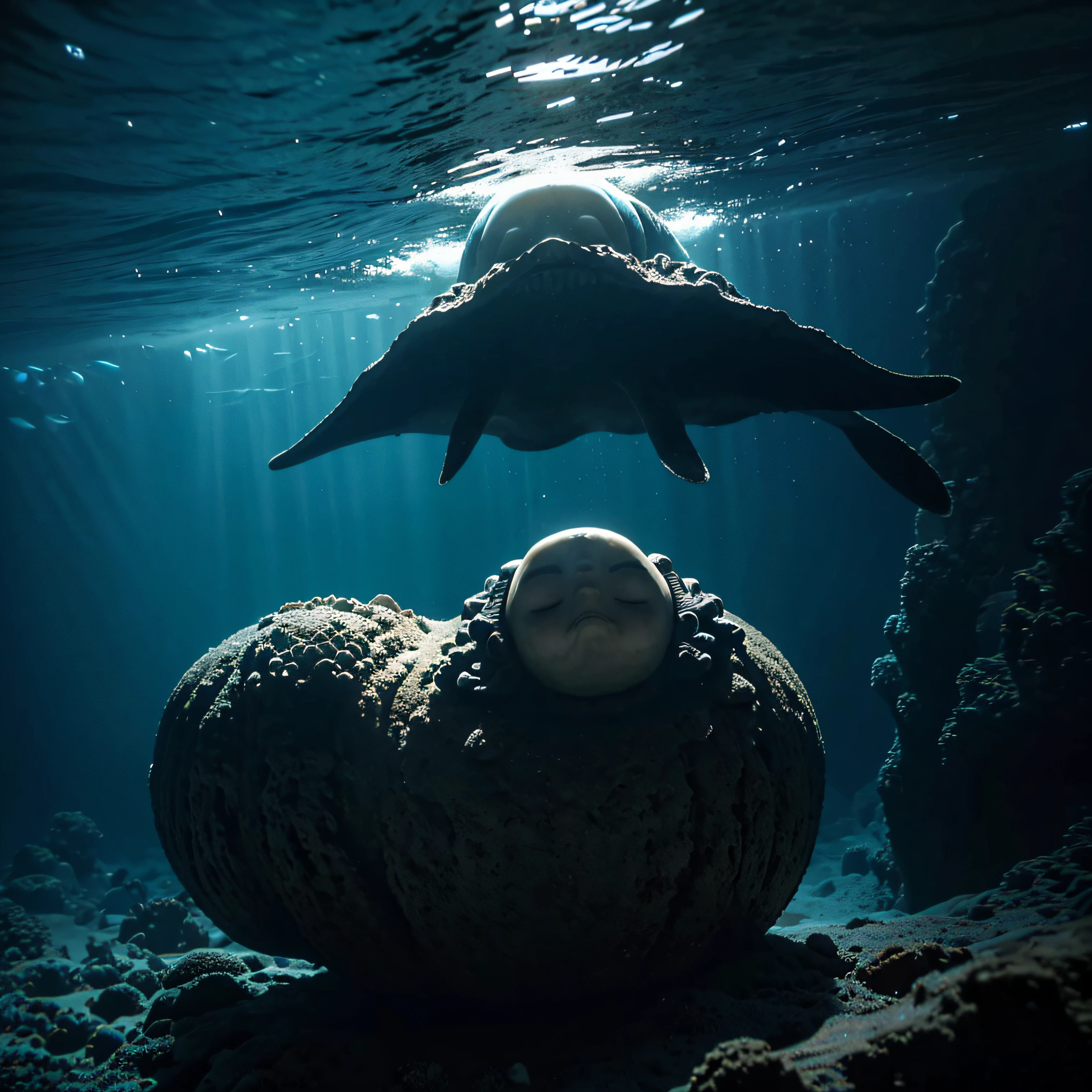 (extremadamente detallado, obra maestra, La mejor calidad, Under the Ocean), Estilo oscuro, volumetric illumination. textura de babosa, piel de caracol. manchas de tinta. Rococo composition.