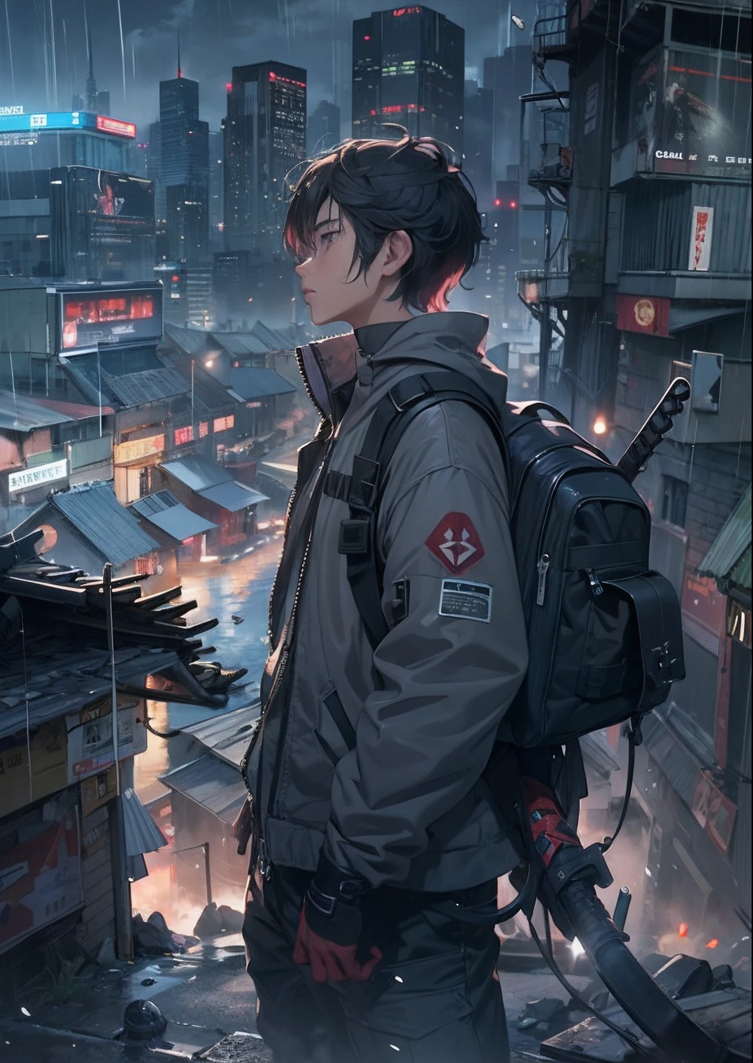 1boy,a 13 yo boy、Cyberpunk Boy、katanas,Spiky hairstyle、Whole body bloody、Wet clothhes,Back lighting,The beginning of the adventure、heavy rain,Lots of clouds,heavy fog、Chaotic city of the future、ruined and devastated city、dystopian、A very complex group of buildings stands in the center、Highly complex Chinese buildings、Pretty dim lighting、Dark road、puddles、Chaotic landscape、Beautiful and fantastic scenery、Cinematic scenery、hightquality、masutepiece,8K、hight resolution、ultra-detailliert,
