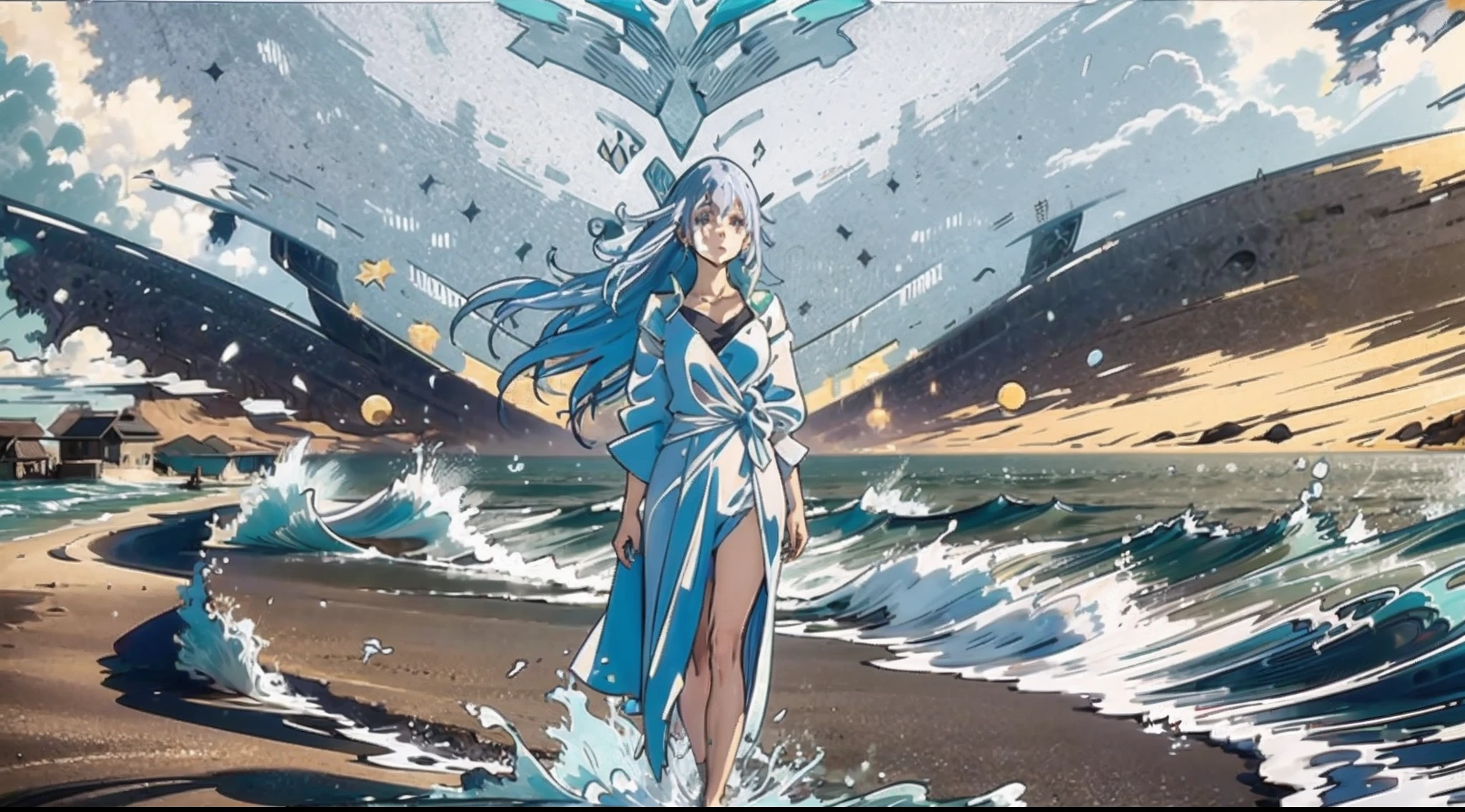 stand on sand,The background is the sea,The girl's hair fluttered with the sea breeze