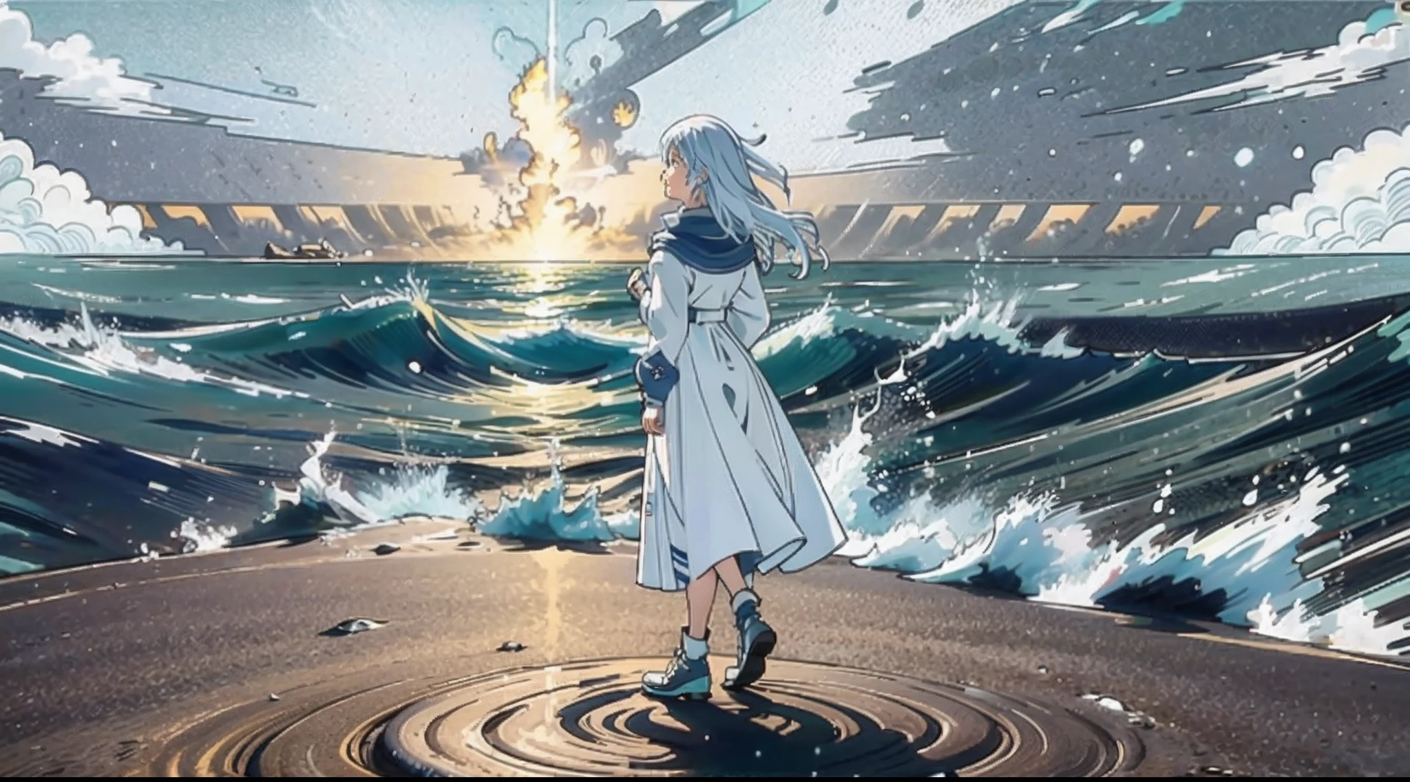 stand on sand,The background is the sea,The girl's hair fluttered with the sea breeze