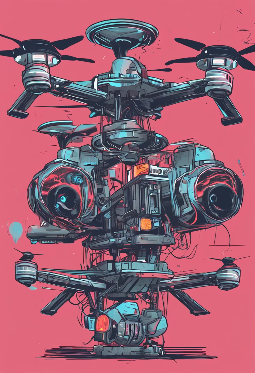 Quadcopter UAV，cyber punk style，illustration，Thrilling battles，Flight stability，Unique perspective，Dynamic graphics，Full of technology，Amazing。