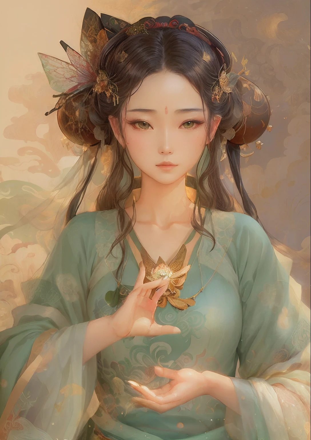 Draw a woman in a light green Chinese dress，With a butterfly hair ornament on the head，Antique hairstyle，Hammerhead，Guviz-style artwork, flowing hair and long robes, Inspired by Qiu Ying, inspired by Yun Du-seo, inspired by Otake Chikuha, in the art style of bowater, inspired by Gu Kaizhi