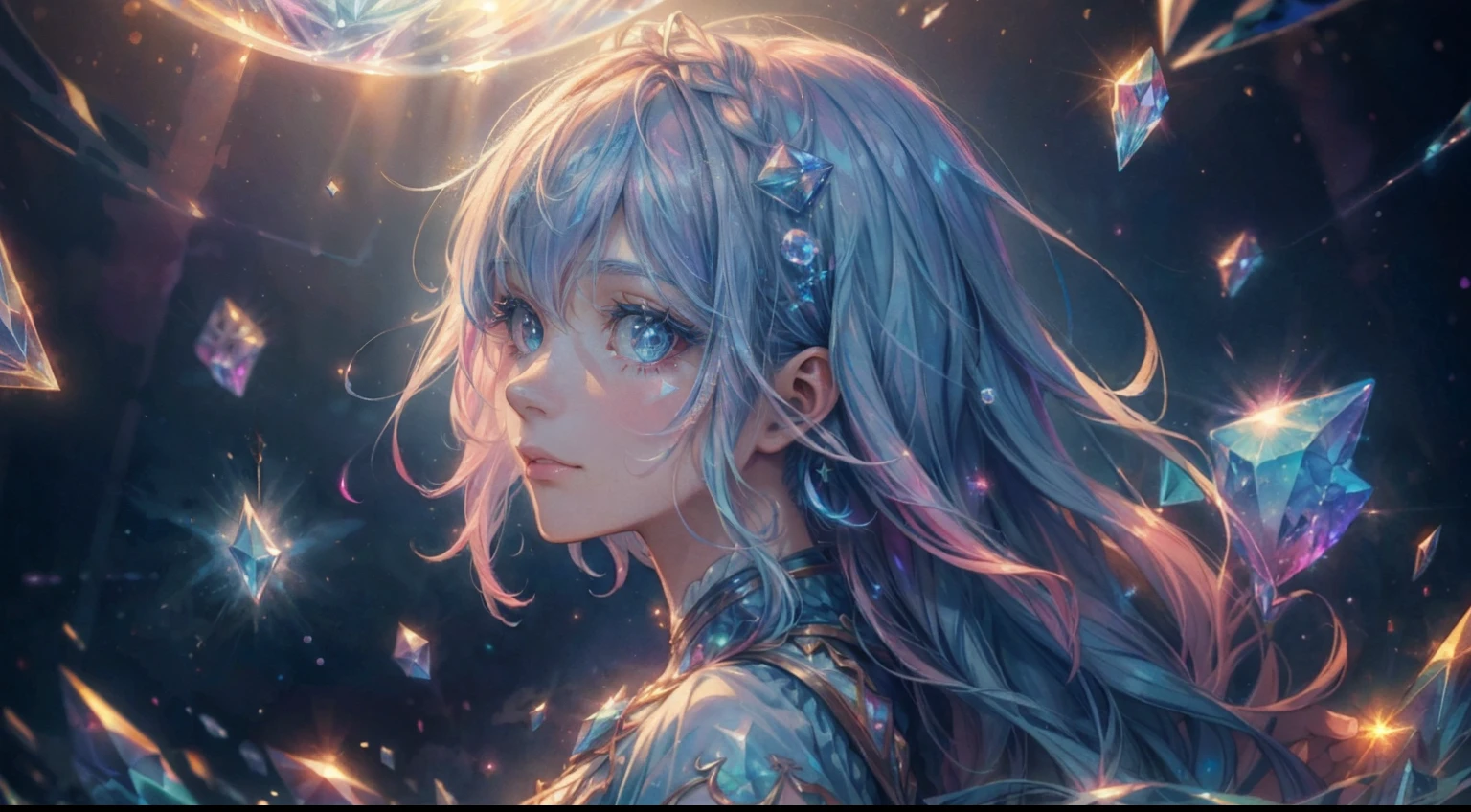 (masterpiece, top quality, best quality,watercolor (medium),official art, beautiful and aesthetic:1.2),(1girl:1.3), (fractal art:1.3),upper body, from side, looking at viewer,patterns,(crystal color Hair,colorful hair, sparkling lights and reflections, half blue and half pink hair:1.2),water,liquid, cloud,colorful, starry,stars, vibrant smoke, high saturation, iridescent elements