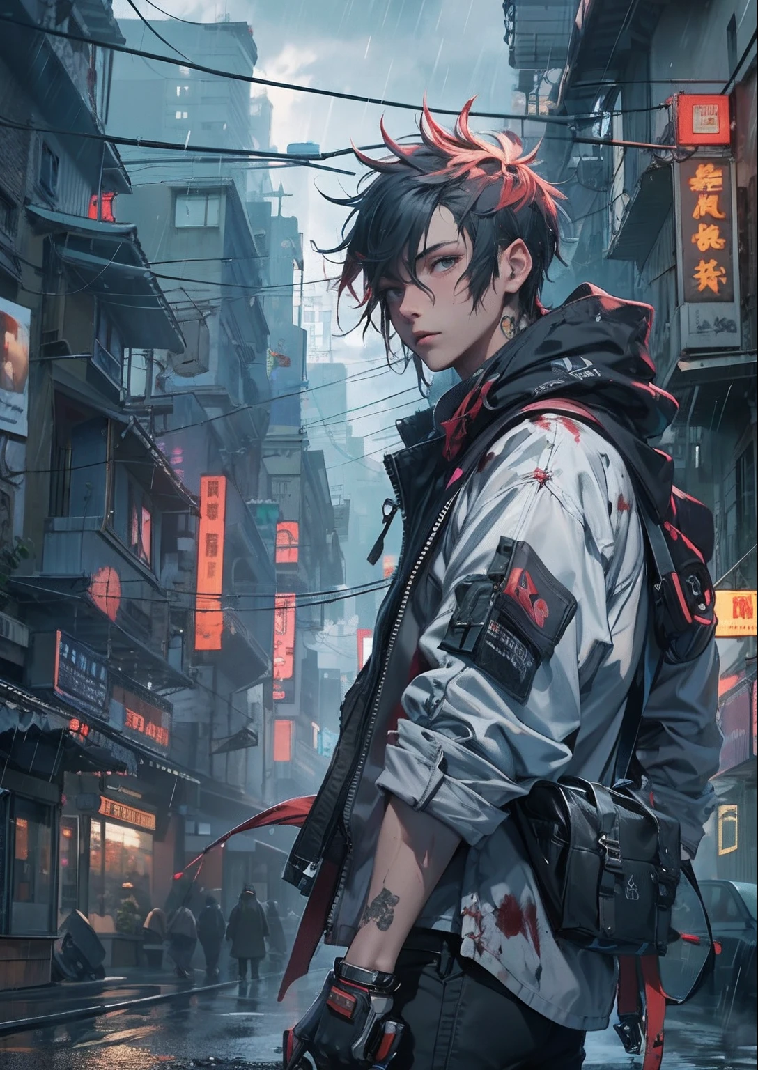 katanas,machine gun、silber hair、perm、Handsome bloody、The beginning of the adventure、Lots of clouds,Beautiful fog,Chaotic city of the future、ruined and devastated city、dystopian、A very complex group of Chinese buildings stands in the center、Dim lighting、puddles、Chaotic landscape、Beautiful and fantastic scenery、Cinematic scenery、Boy 16 years old