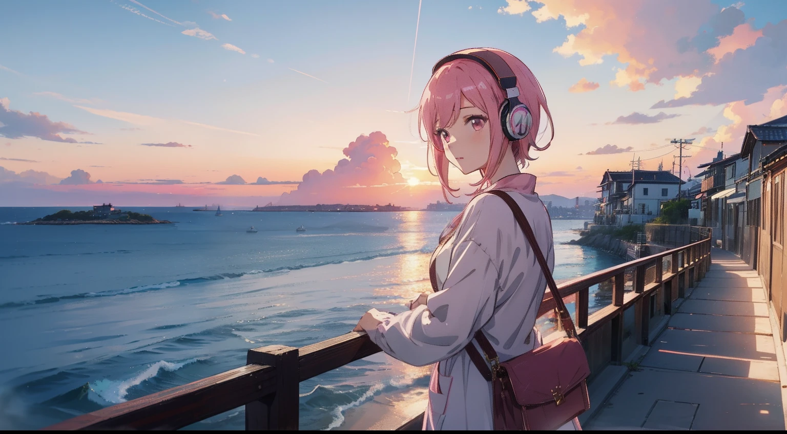 ​masterpiece、top-quality、Movie stills、1girl in、gotou hitori， gotou1，animesque、Pink shorthair、Pink hair、singers、illustratio、Beautiful clothes、headphones、kawaii、A town with a view of the sea、Sunset in the city（Spark：0.7）、Background like Makoto Shinkai