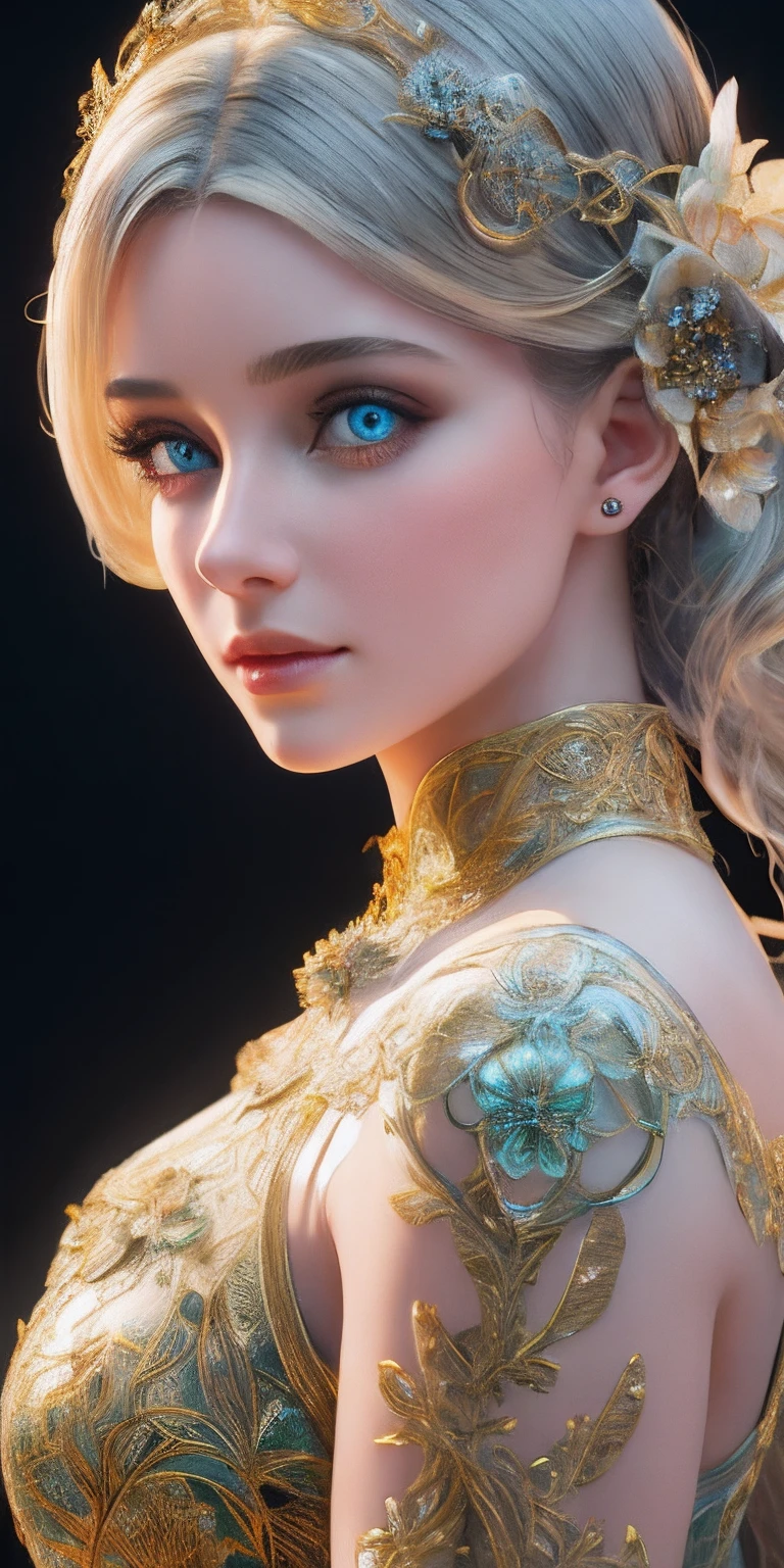Beautiful young woman with intricate Art Nouveau design carved on her porcelain doll-like body. Embedded light-emitting cybernetic circuitry, Vibrant, realistic eyes looking at the camera. 50 millimeters, High contrast, Clean,vibrant, high resolution, Front and section views, Close up, 4K, 3d octane render, Cinematic lighting, Dynamic, Ray tracing,