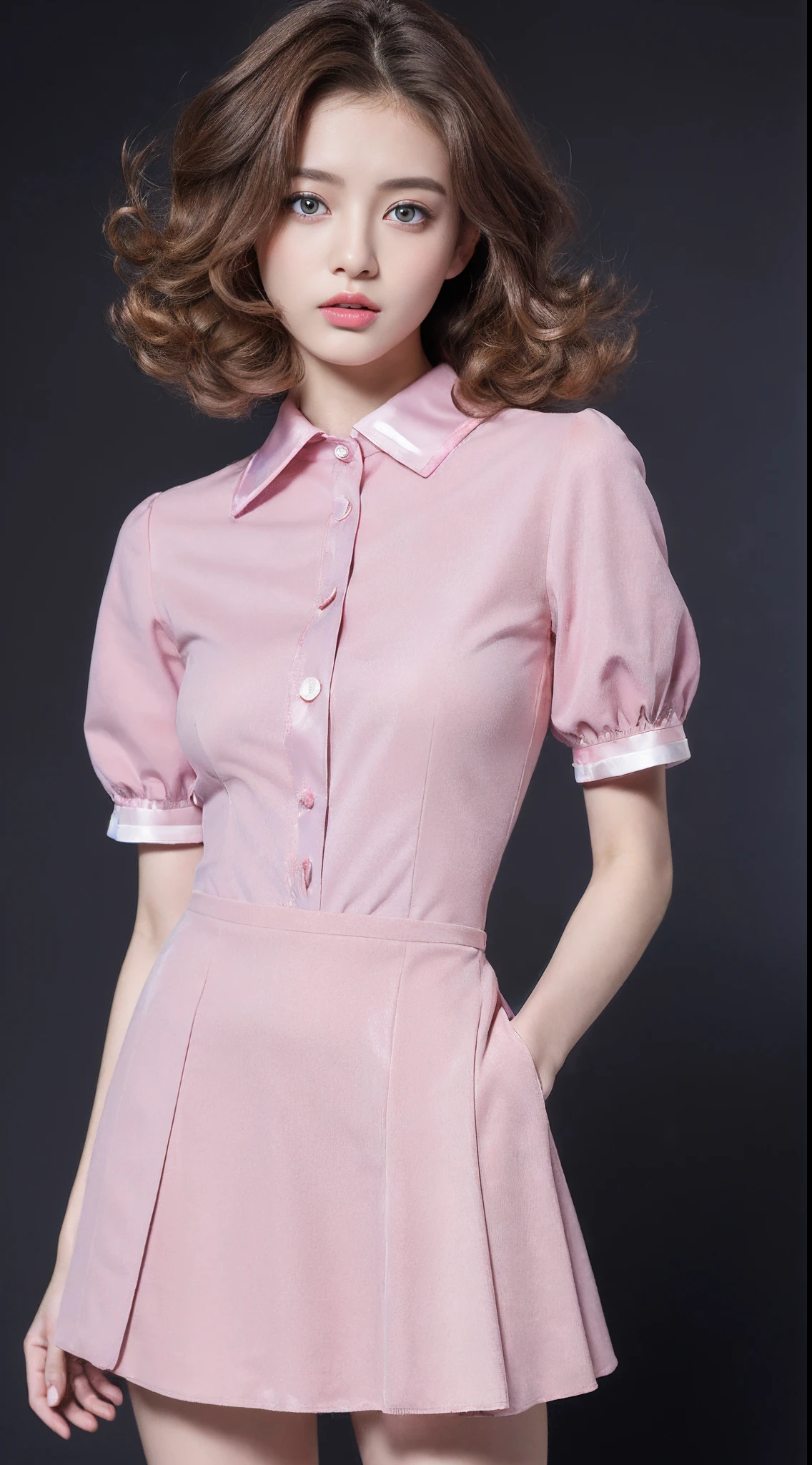 21-year-old Japan woman、Mini white skirt in the wind、40k、a picture、masterpiece、top-quality、Dark gray background、fit derrier、SFW、(1 Girl with blue eyes and light brown hair curly)、(Semi-shirt Abtara_outfit:1.3)、(Pink costume:1.3)。Model body type、small tits