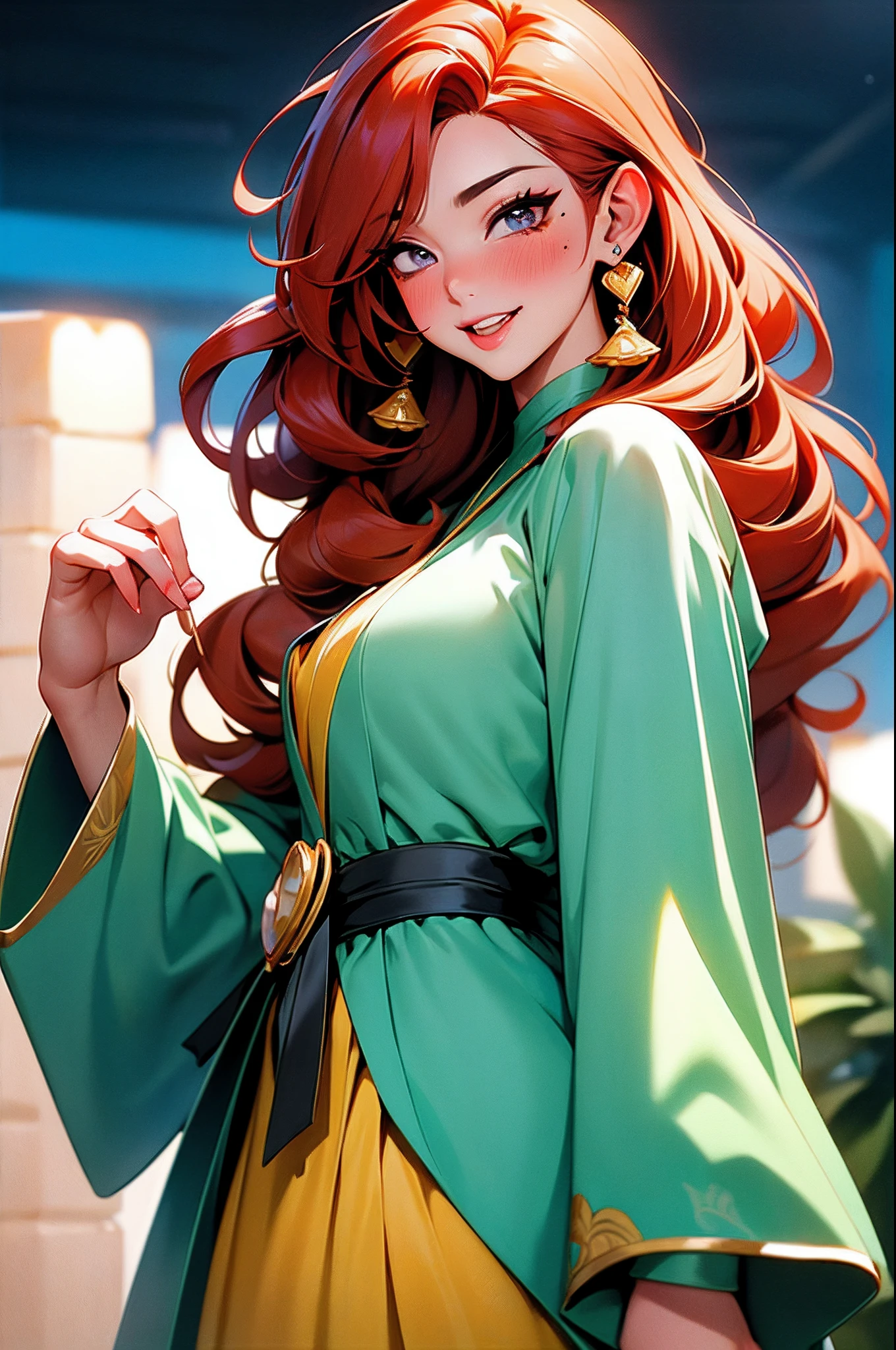 (Gorgeous robes.), A woman, noble, The beauty, Playful, Pure), red hair, curly hair, messy hair, long hair, mole under eye, heart-shaped pupils, half-closed eyes, sparkling eyes, heart earrings, parted lips, seductive smile, moaning, torogao, naughty face, full-face blush, anime, Romanticism, Genre painting, anime style, drop shadow, tachi-e, cowboy shot, Ultra-Wide Angle, wide shot, from above, from side, UHD, high details, super detail, textured skin, 4K